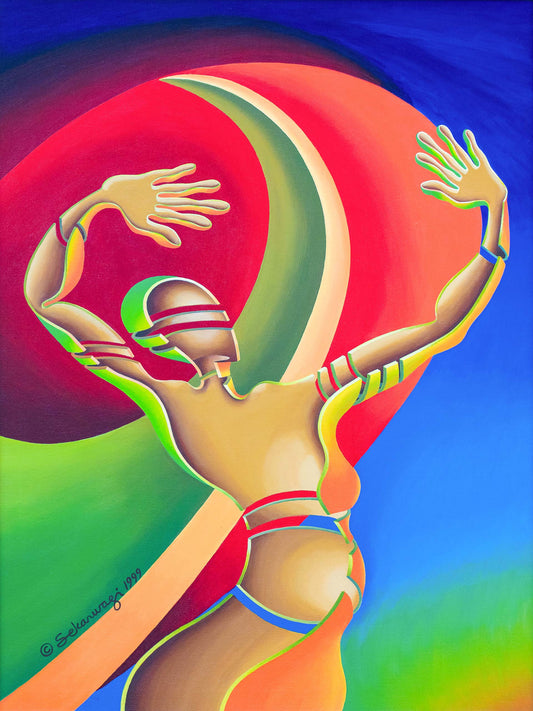 The Awakening - Canvas Art depicts an abstract hollowed out figure with raised arms, featuring a vibrant palate of swirling colors ranging from reds, oranges, greens, through blues. The dramatic background of dynamic curves and gradients exudes motion and energy, making it an ideal pick for inspiring interior design.