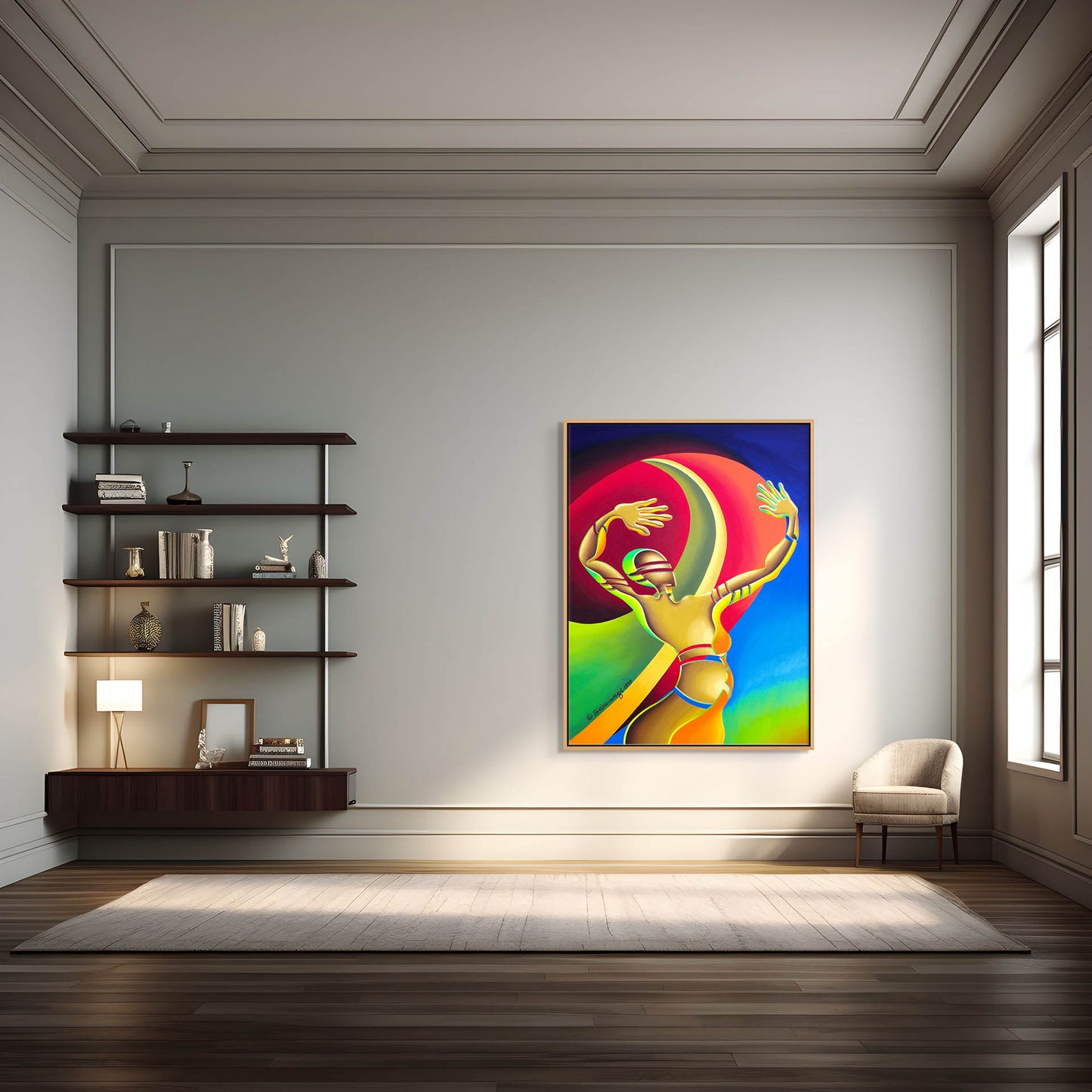 The modern living room features The Awakening - Canvas Art, a colorful abstract figurative painting. With a gray armchair, décor-filled shelves, and a sideboard with a lamp, the space exudes an elegant and minimalist vibe, perfect for art in contemporary living spaces.