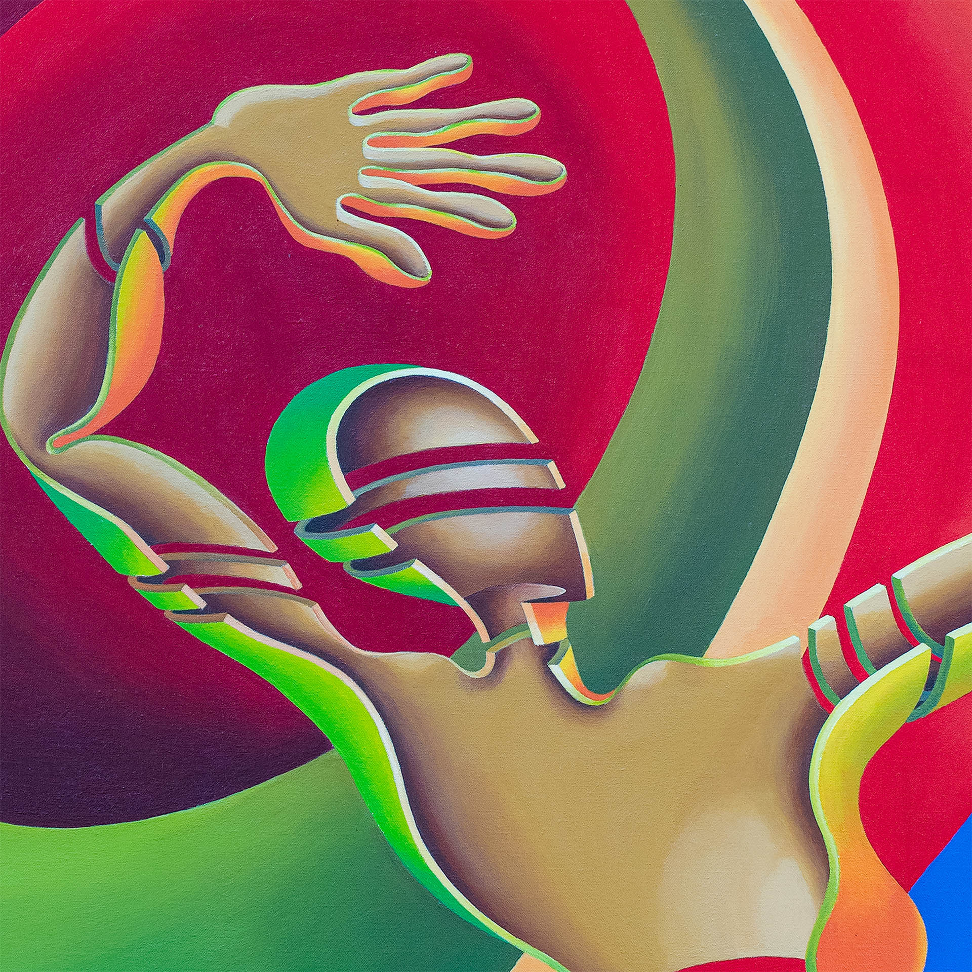 The Awakening - Canvas Art showcases a stylized figure with raised arms, in bold colors such as red, green, and gold. Its swirling background conveys movement, embodying contemporary African Art—ideal for modern spaces needing vibrant energy and cultural depth.