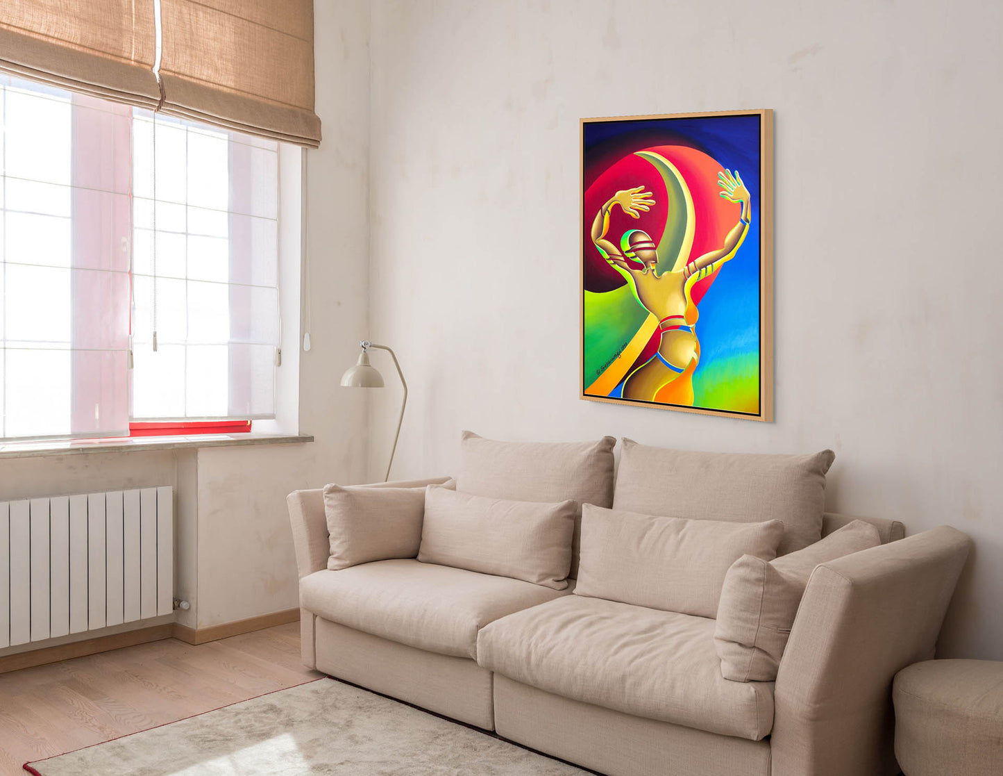 A modern living room showcases a beige sofa, a white floor lamp, and The Awakening canvas art featuring a colorful abstract figure. Soft natural light filters through beige blinds, creating an inspirational interior design vibe.