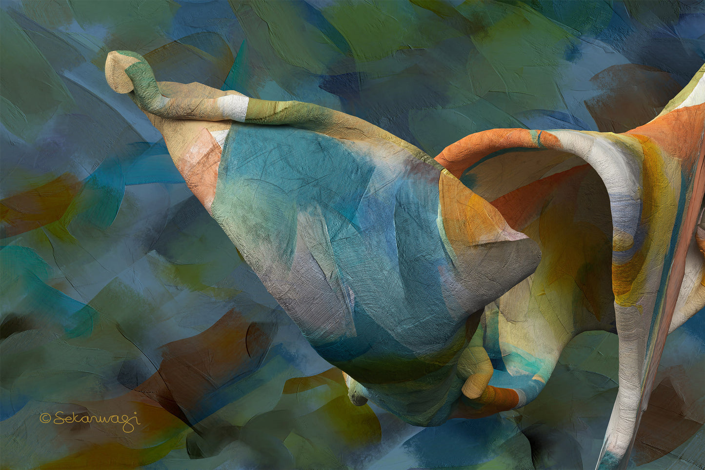 The Unfolding Thought - Canvas Art is a colorful abstract sculpture with sweeping curves and textured surfaces, reminiscent of premium cotton canvas. Painted in blue, orange, and green shades, it stands against an abstract giclee art print background.