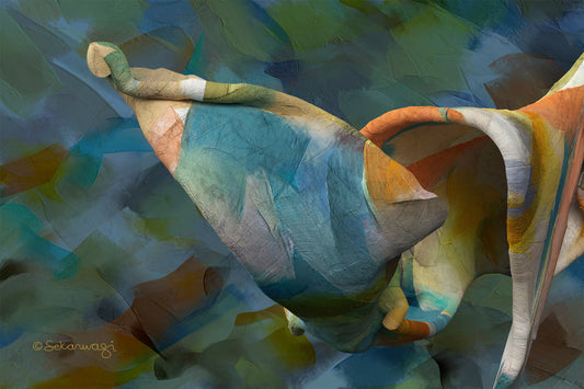 The Unfolding Thought - Canvas Art is a colorful abstract sculpture with sweeping curves and textured surfaces, reminiscent of premium cotton canvas. Painted in blue, orange, and green shades, it stands against an abstract giclee art print background.