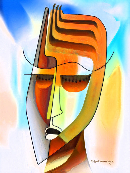 The Unmasking - Canvas Art features an abstract portrayal of a stylized human face, exploring true selves through exaggerated facial lines and vibrant mixes of bold orange, yellow, and blue hues against soft background tones.
