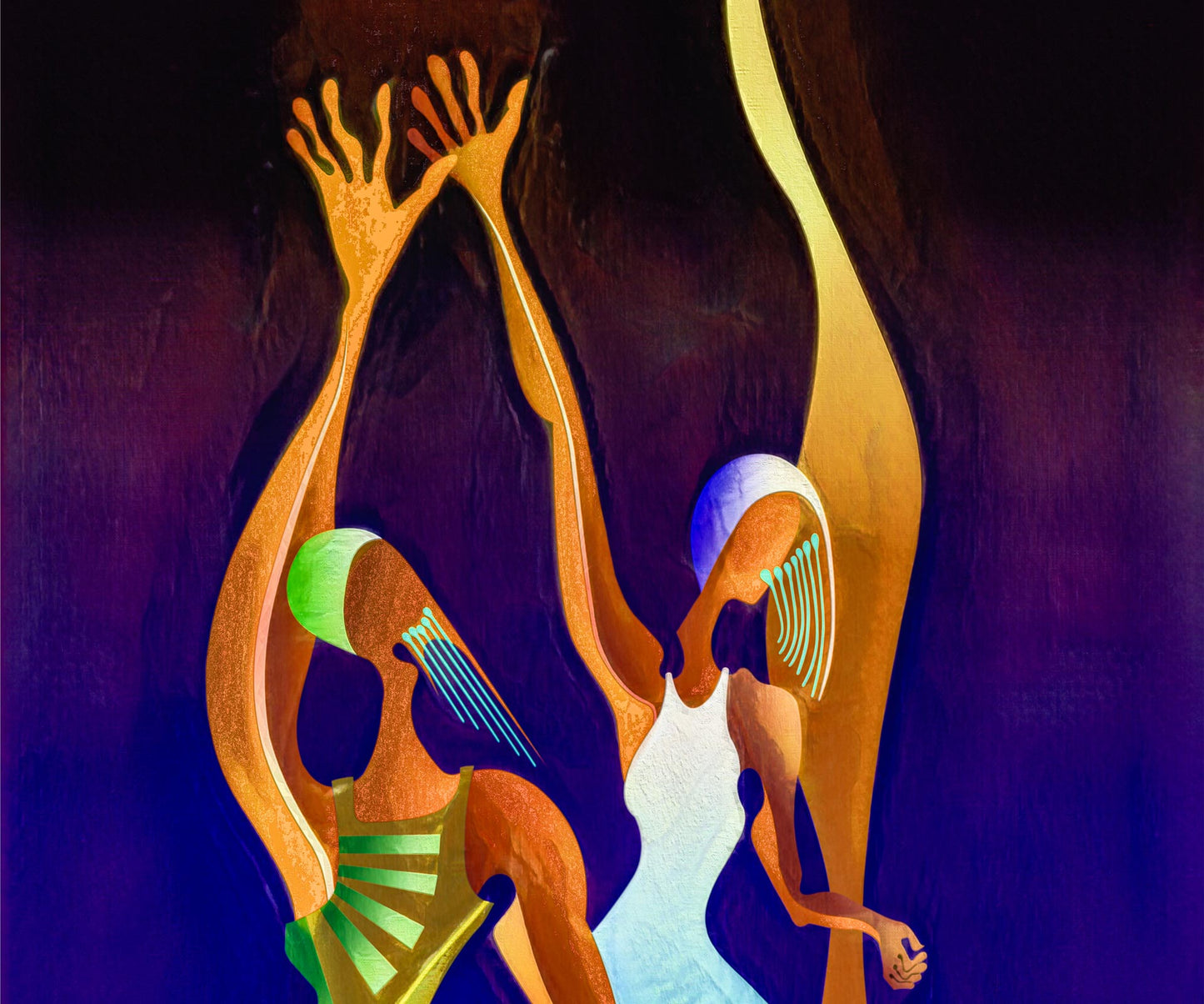 Victory Dance - Canvas Art: An abstract painting of two human-like figures with elongated limbs. One figure wears green, the other white, both adorned with swirling colors and patterns set against a dark, rich background.
