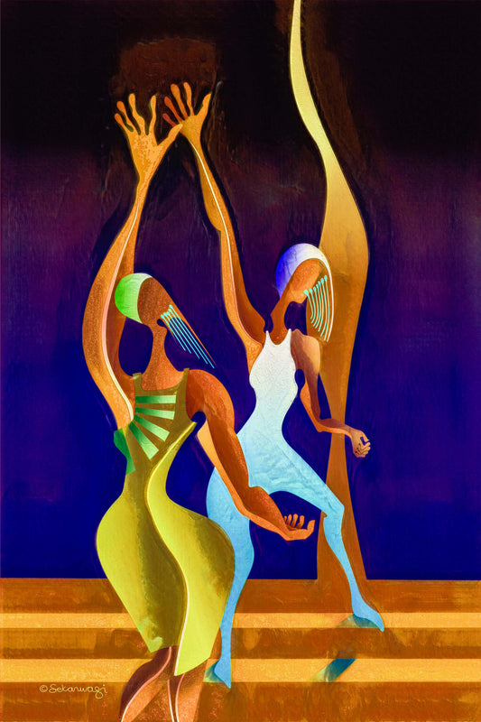 The Victory Dance - Canvas Art features two abstract figures dancing, one in a flowing green dress and the other in a form-fitting white outfit. With elongated limbs and dynamic poses against a dark gradient background, its printed as vibrant Giclee Art Prints.