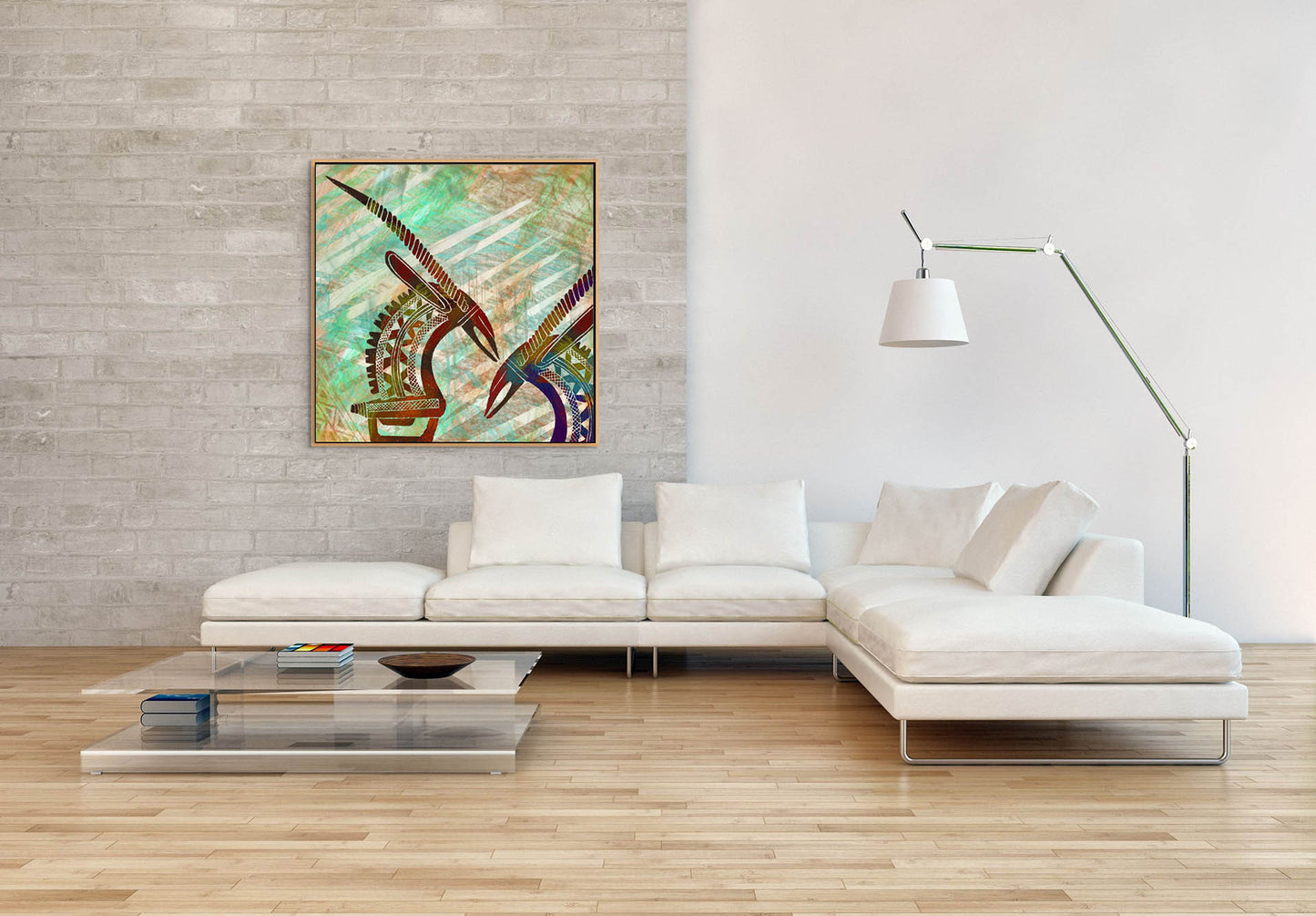 A modern living room features a white L-shaped sofa, a glass coffee table, and a tall floor lamp. The Antelopes canvas art hangs on a light grey brick wall, complementing the wooden floor and enhancing the rooms minimalistic aesthetic.