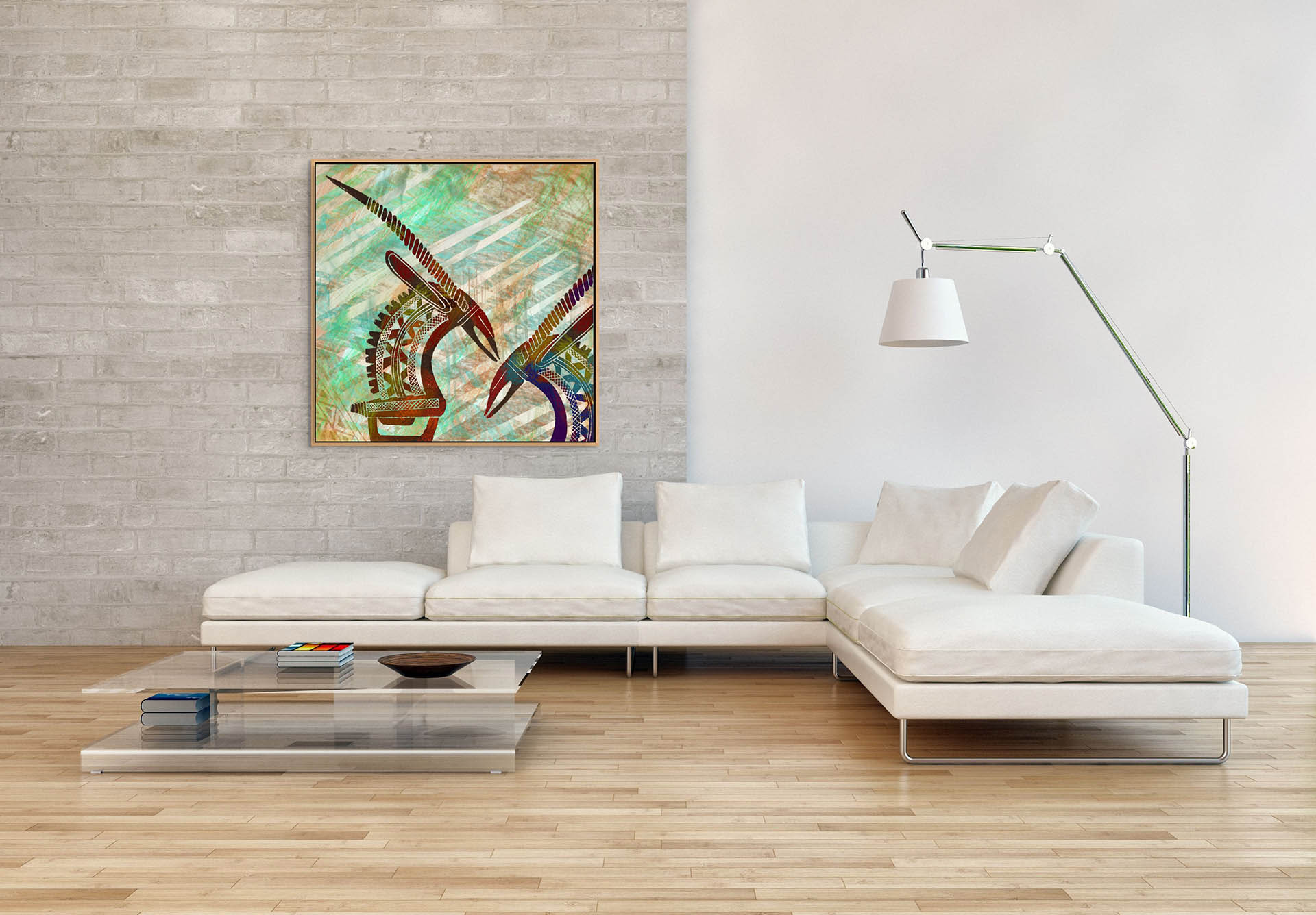 A modern living room features a white L-shaped sofa, a glass coffee table, and a tall floor lamp. The Antelopes canvas art hangs on a light grey brick wall, complementing the wooden floor and enhancing the rooms minimalistic aesthetic.