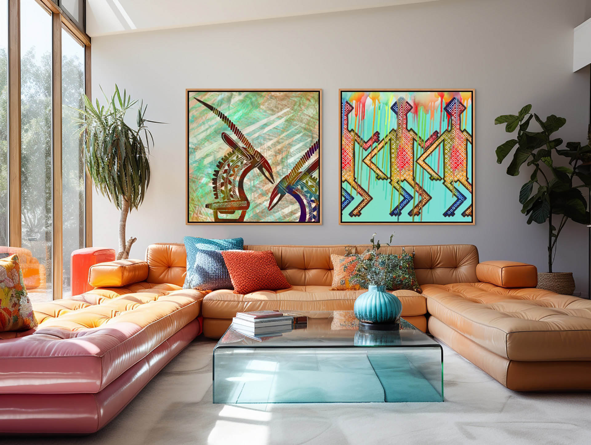 A modern living room features a large L-shaped tan and pink sofa. On the wall, two vibrant Antelopes - Canvas Art prints in earthy tones are displayed. A glass coffee table with a blue vase rests on a light carpet, accompanied by large plants by the sunlit window.