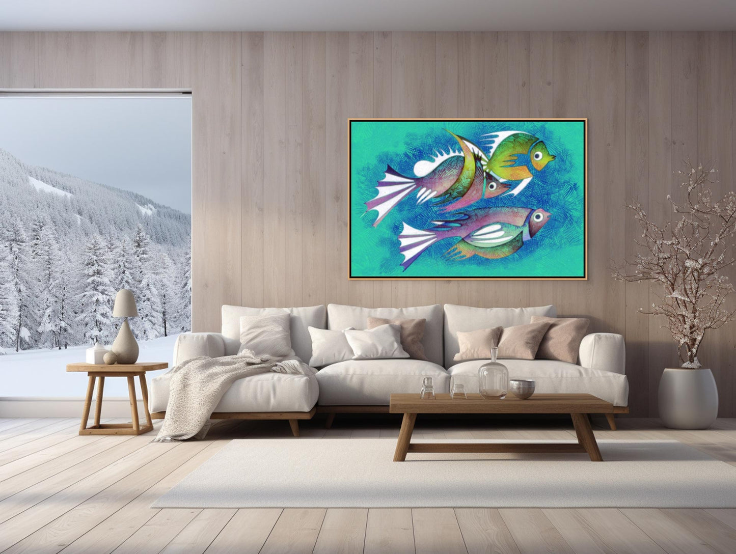 In a modern living room, serene decor comes alive with a beige sofa, wooden coffee table, and snowy landscape visible through a large window. The "Aquarium #2" canvas art print of abstract fish hangs on the wooden wall. A potted small shrub on the right completes the tranquil setting.