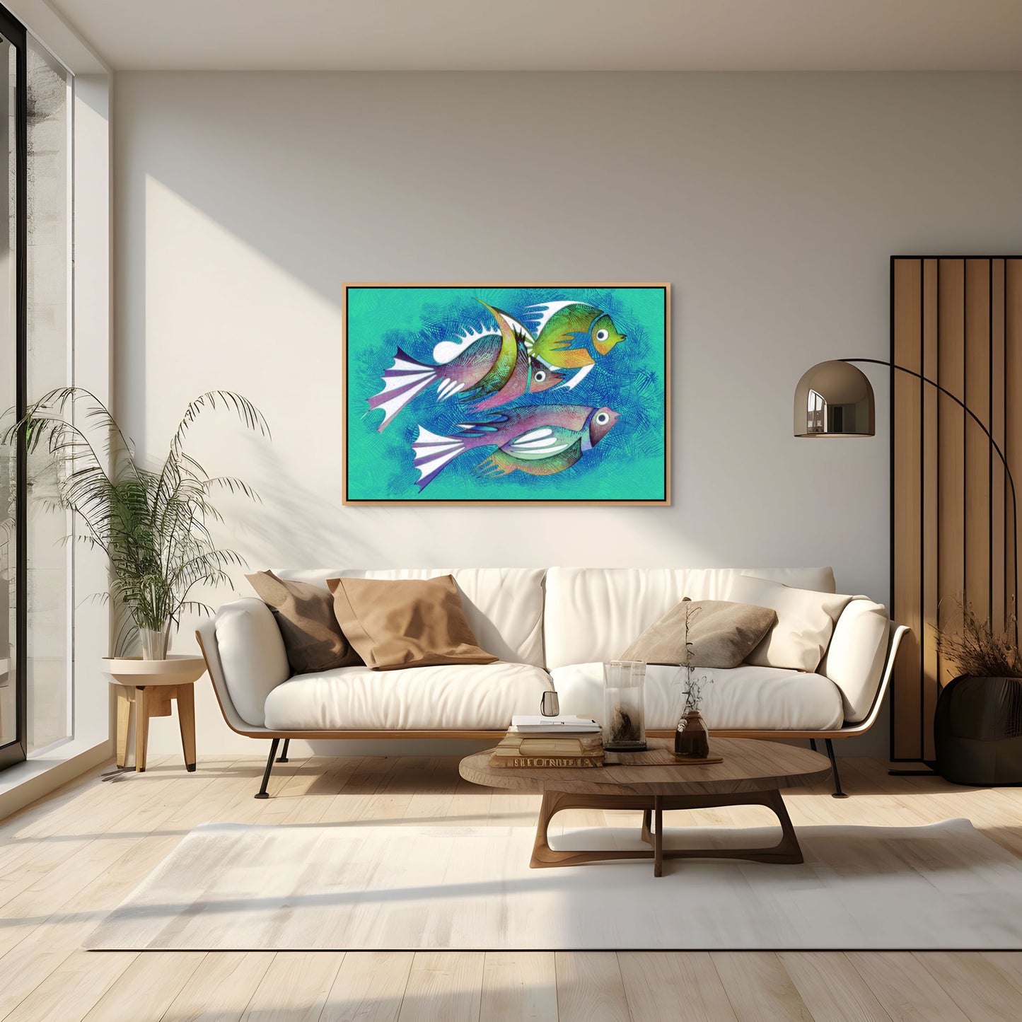 A modern living room includes a white sofa with brown cushions, a round wooden coffee table, and the "Aquarium #2" Canvas Art print featuring colorful fish hanging above the sofa. A metallic floor lamp and potted plant enjoy sunlight through a large window, enhancing the lo décor.ely