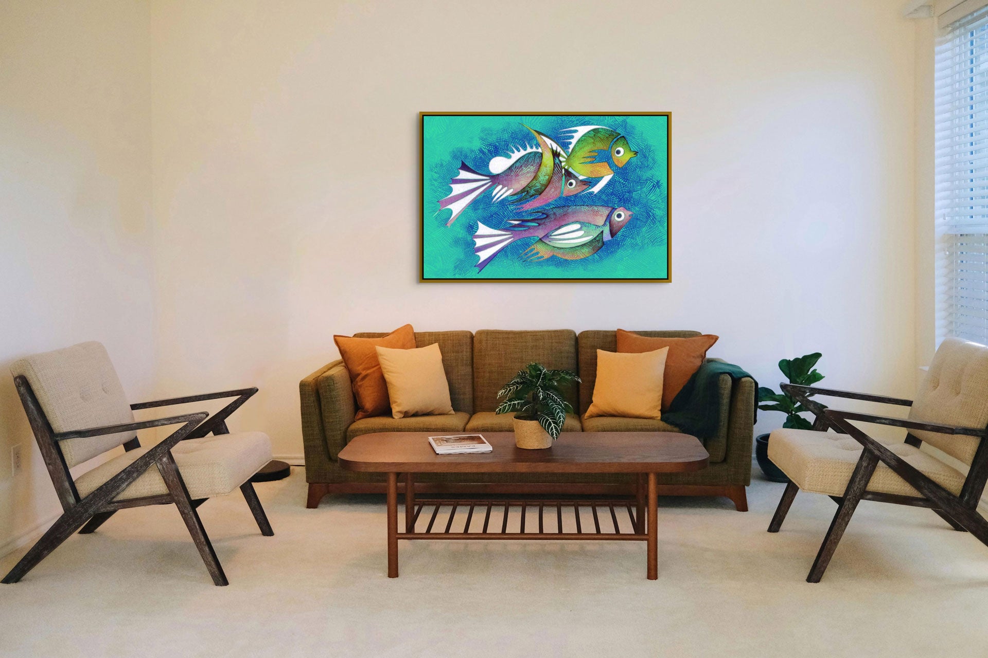 A cozy living room features a brown sofa, two beige armchairs, and a wooden coffee table topped with a small potted plant. "Aquarium #2" Canvas Art depicting fish underwater brightens the wall as sunlight filters softly through the window.
