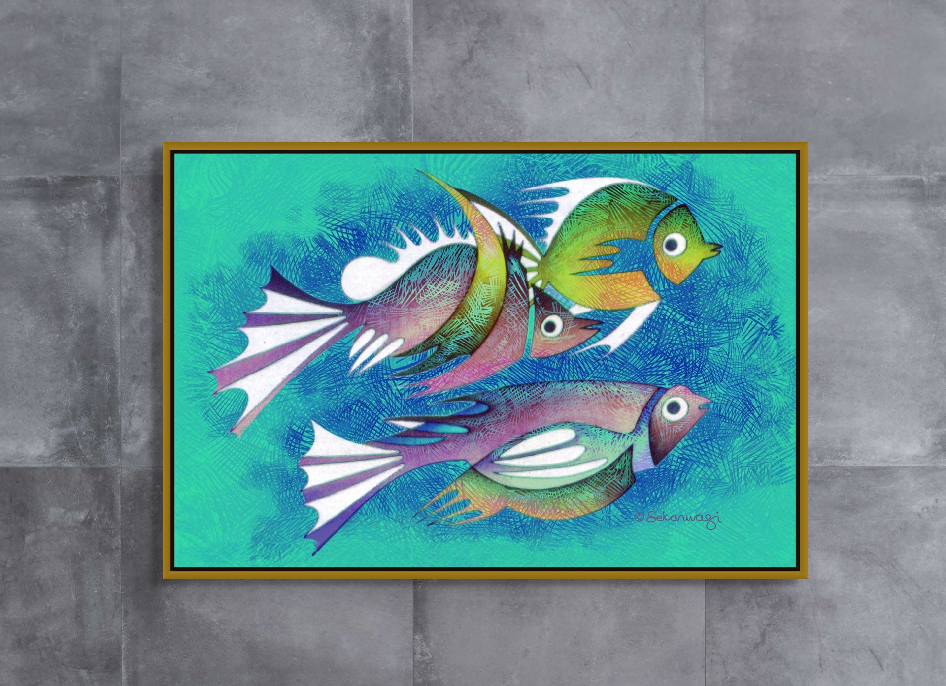 The Aquarium #2 Canvas Art beautifully features four stylized fish in purple, pink, green, and blue hues swimming in an underwater world. Set against a textured turquoise backdrop accented with white highlights, their vibrant colors are elegantly framed with a gold floater frame.