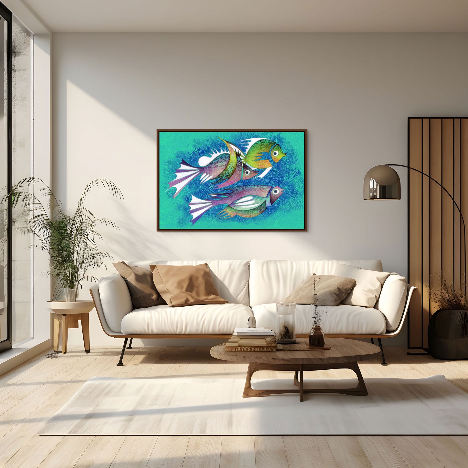 The cozy living room showcases a white sofa with beige and brown pillows and a wooden coffee table. A tall plant is on the left, a floor lamp on the right, and the Aquarium #2 Canvas Art hangs above the sofa, adding charm as sunlight streams in through a large window.