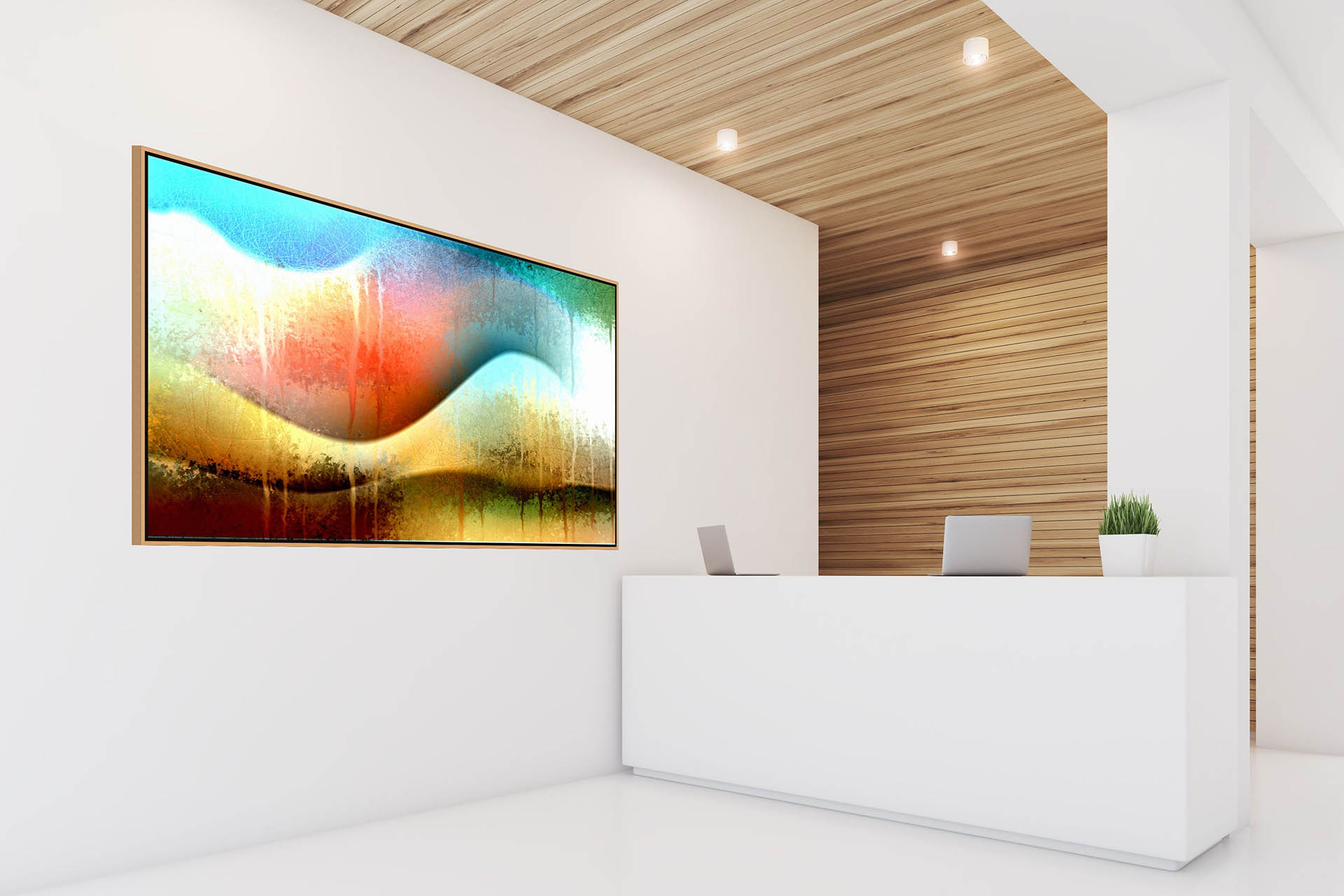 A modern reception area has a white desk with two laptops and a small plant. Behind it, the Awesomeness - Canvas Art adds character to the space, warmly accented by light wooden paneling on the walls and ceiling, creating a well-lit environment.