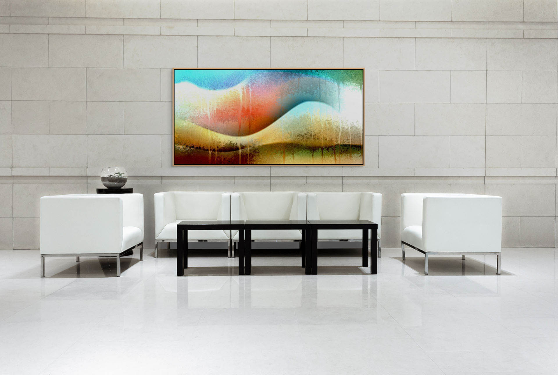 A modern lobby showcases three white sofas around a black coffee table on a polished floor. A large abstract painting, Awesomeness - Canvas Art, graces the stone wall. A decorative glass sphere on a side table adds elegance, complementing the canvas art masterpiece.