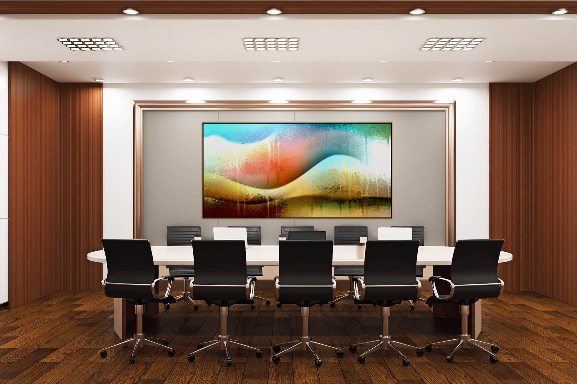 A modern conference room has a long oval table encircled by black rolling chairs. The eye-catching Awesomeness canvas art adorns the wood-paneled wall. With its hardwood floor and bright ceiling lights, the room exudes an inviting atmosphere.