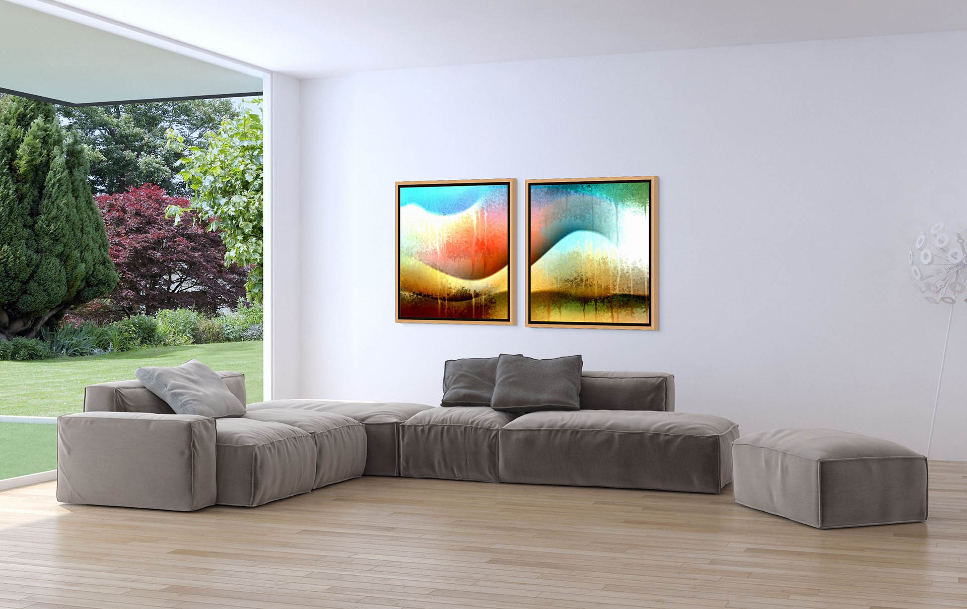 A modern living room includes a large gray modular sofa with an ottoman on a light wood floor. Two vibrant Awesomeness canvas art pieces enhance the white wall, and floor-to-ceiling windows offer a lush garden view.