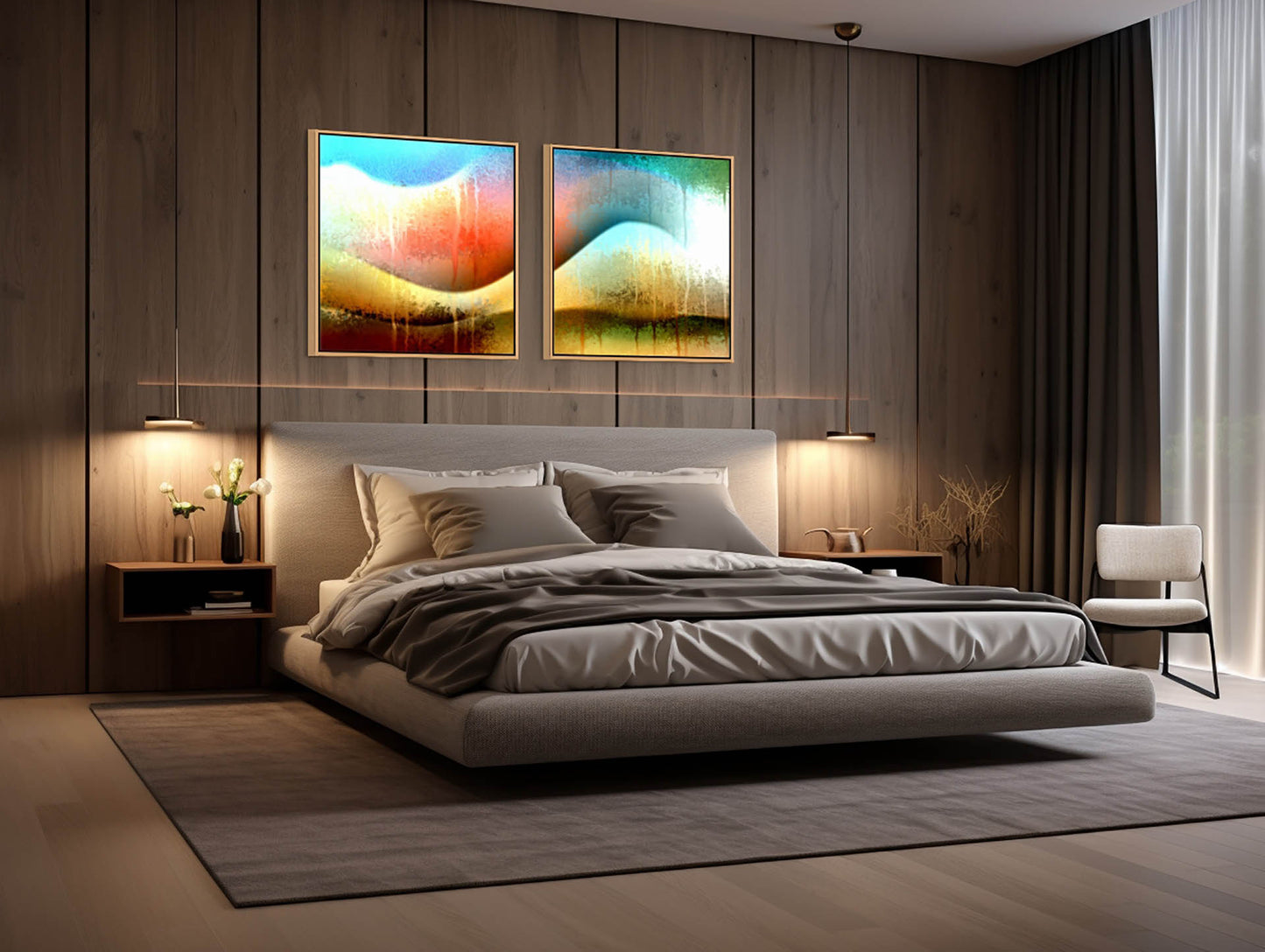 A modern bedroom features a low, gray upholstered bed on a large gray rug. The wood-paneled wall is adorned with the Awesomeness - Canvas Art. Minimalist nightstands with vases flank each side, while soft lighting and a large window with curtains complete the look.