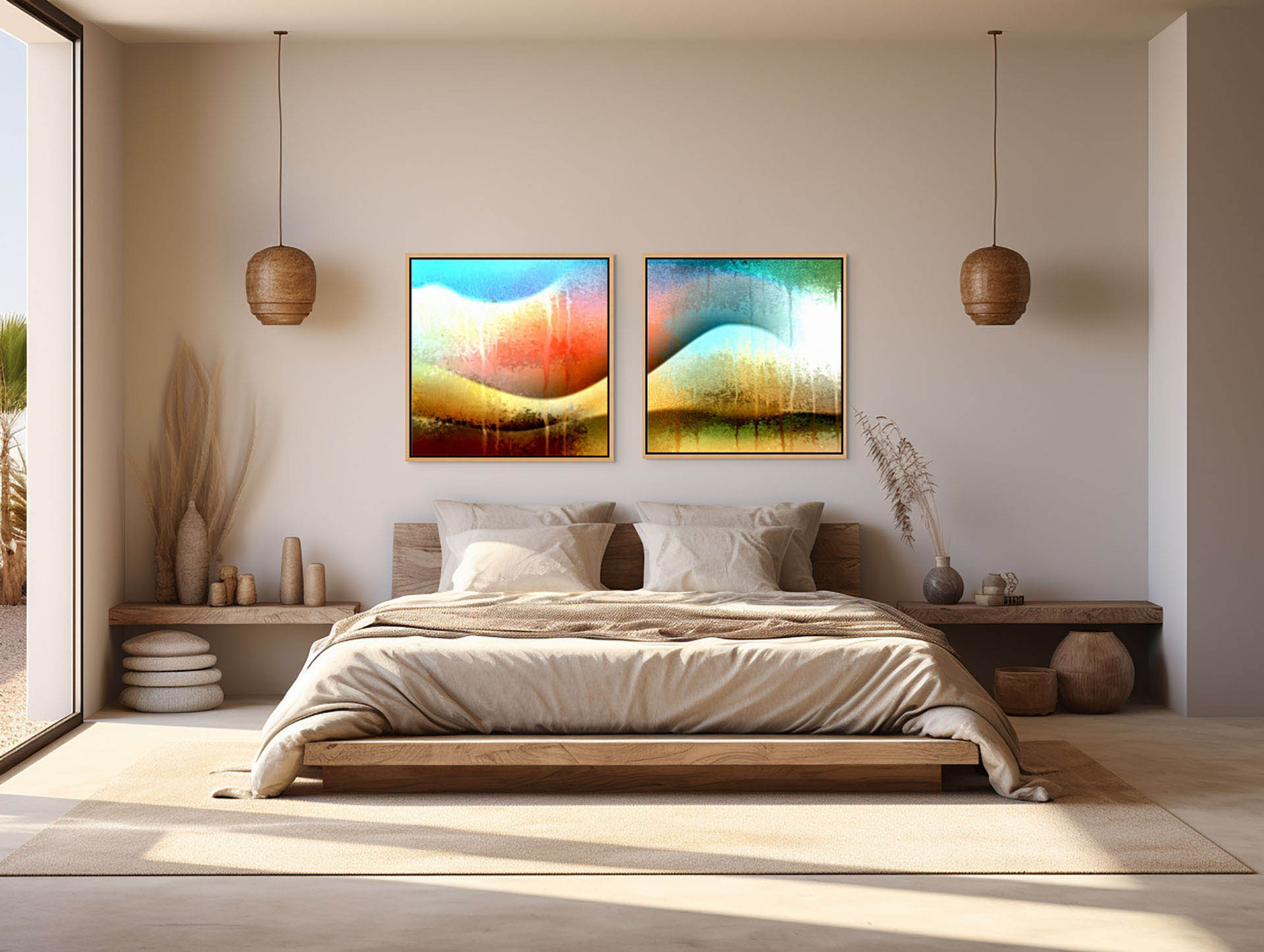 A cozy bedroom with a wooden bed, beige bedding, and two colorful Awesomeness canvas art pieces above the headboard. Pendant lights on either side add to the natural decor, while soft lighting creates a warm atmosphere.