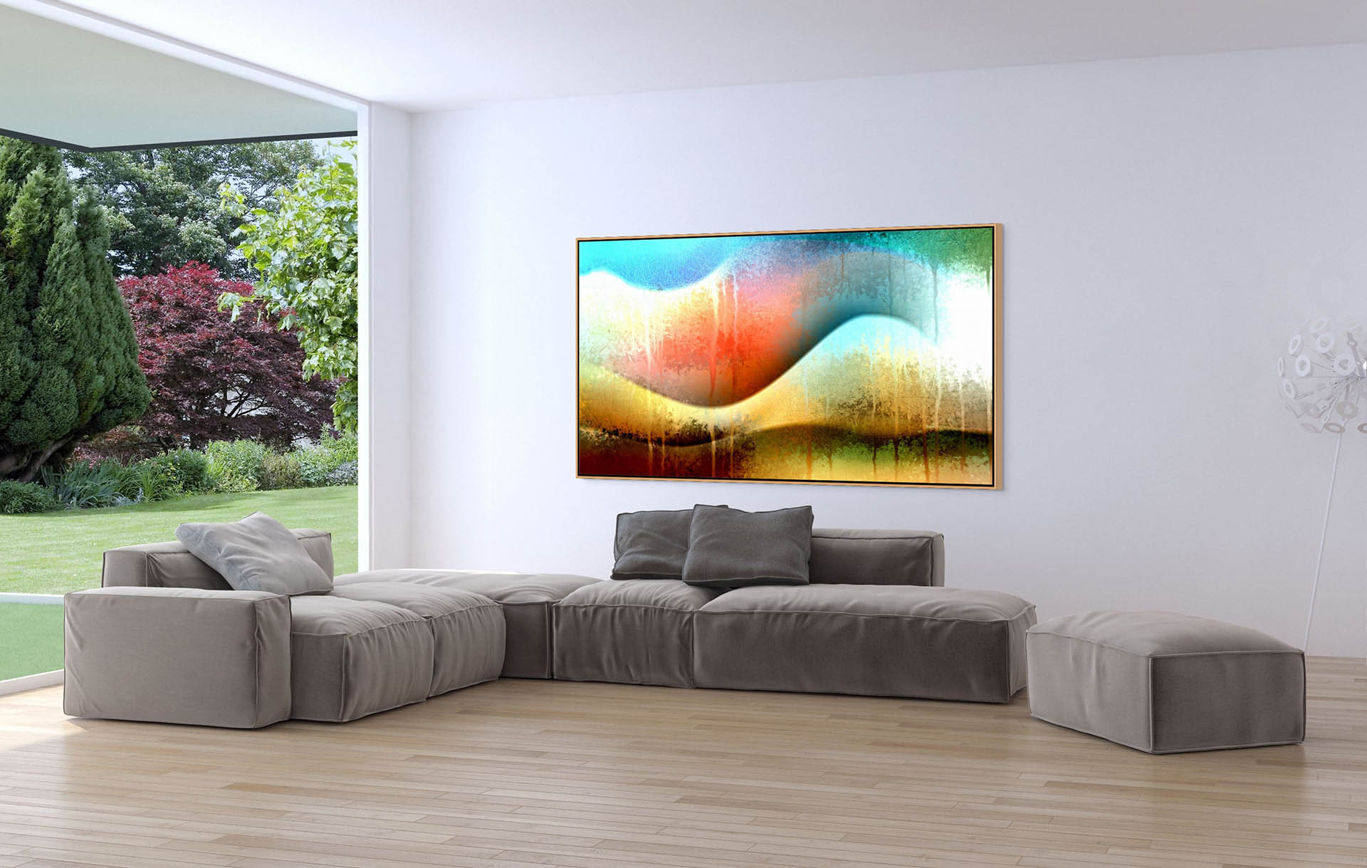A spacious, modern living room features a gray sectional sofa, light wood flooring, and the Awesomeness canvas art with colorful wave patterns. A glass wall offers views of a green lawn and lush trees.