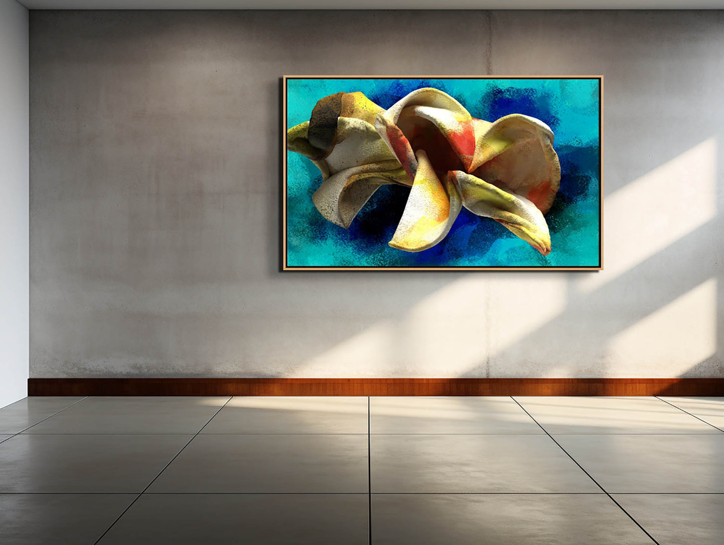 A modern, minimalist room features the Blossoming Thought - Canvas Art on a gray wall, displaying dynamic colorful shapes against a blue background. Sunlight casts geometric patterns on the tiled floor, enhancing the vibrant hues, all made vivid with eco-solvent inks.