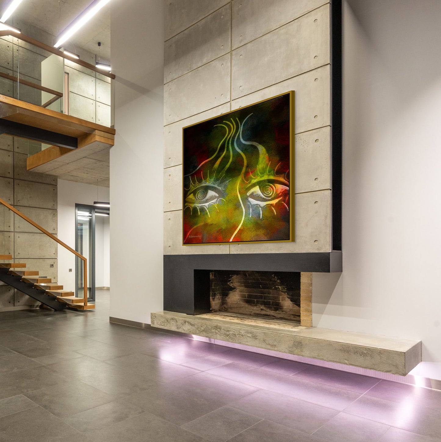 Modern interior with a concrete wall showcasing Burning Desire - Contemporary African Minimalist Canvas Art Print on premium cotton canvas above a black fireplace. The room features a floating staircase with wooden steps and sleek lighting, enhancing its contemporary artistic vibe.