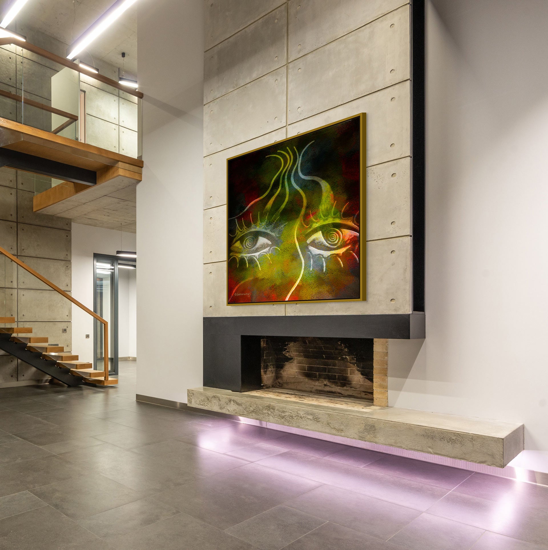 Modern interior with a concrete wall showcasing Burning Desire - Contemporary African Minimalist Canvas Art Print on premium cotton canvas above a black fireplace. The room features a floating staircase with wooden steps and sleek lighting, enhancing its contemporary artistic vibe.