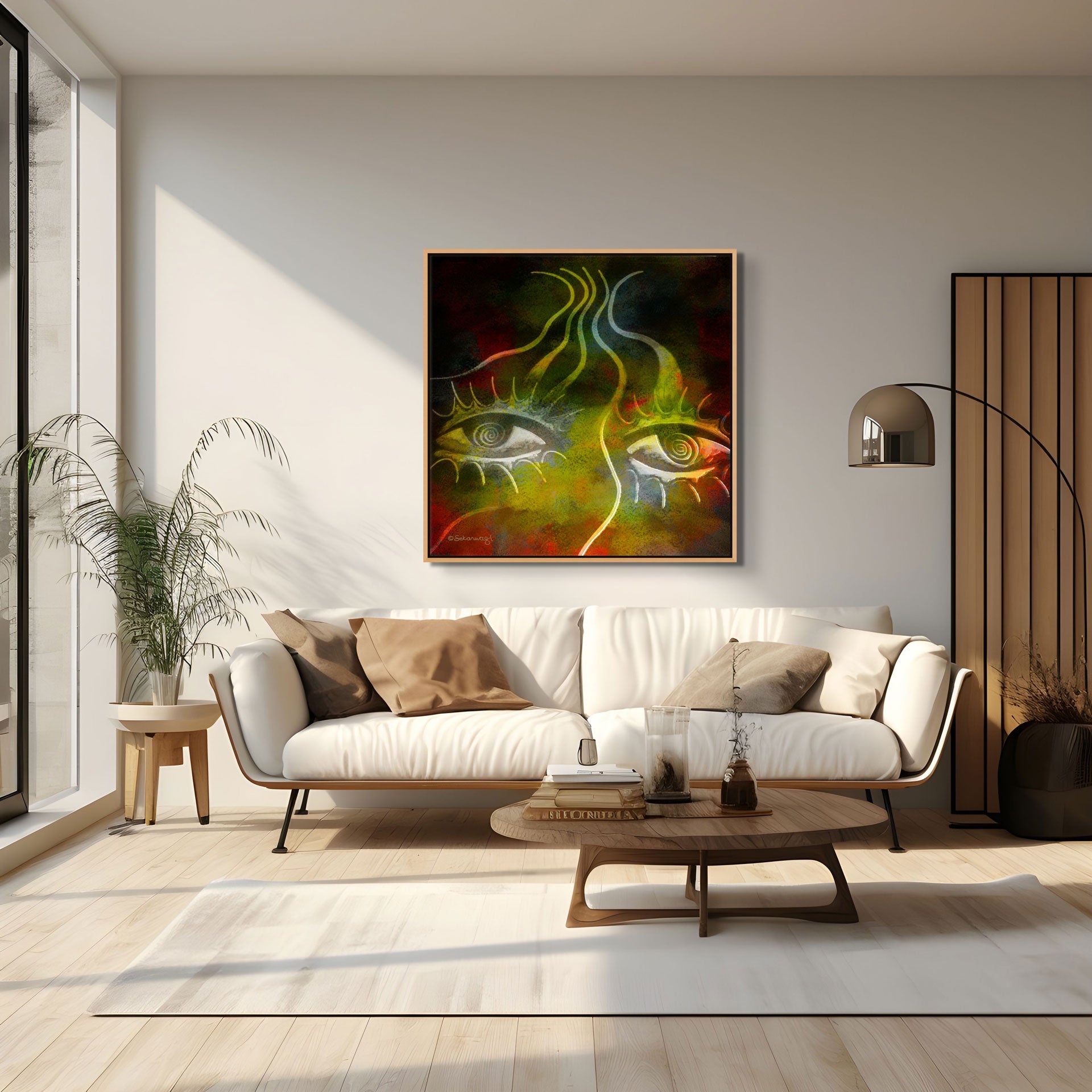 A modern living room showcases a white sofa with brown and beige cushions and the Burning Desire - Contemporary African Minimalist Canvas Art Print, vivid with color and two eyes on premium cotton canvas. A coffee table, decorative plant, and floor lamp complete the space as sunlight streams in.