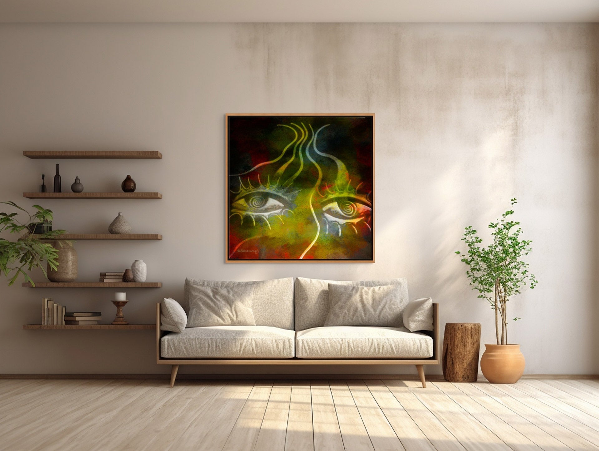 A minimalist living room includes a beige sofa, wooden shelves with decor, and a green plant for freshness. Above the sofa, Burning Desire - Contemporary African Minimalist Canvas Art Print captures attention on premium cotton canvas with colorful abstract eyes.