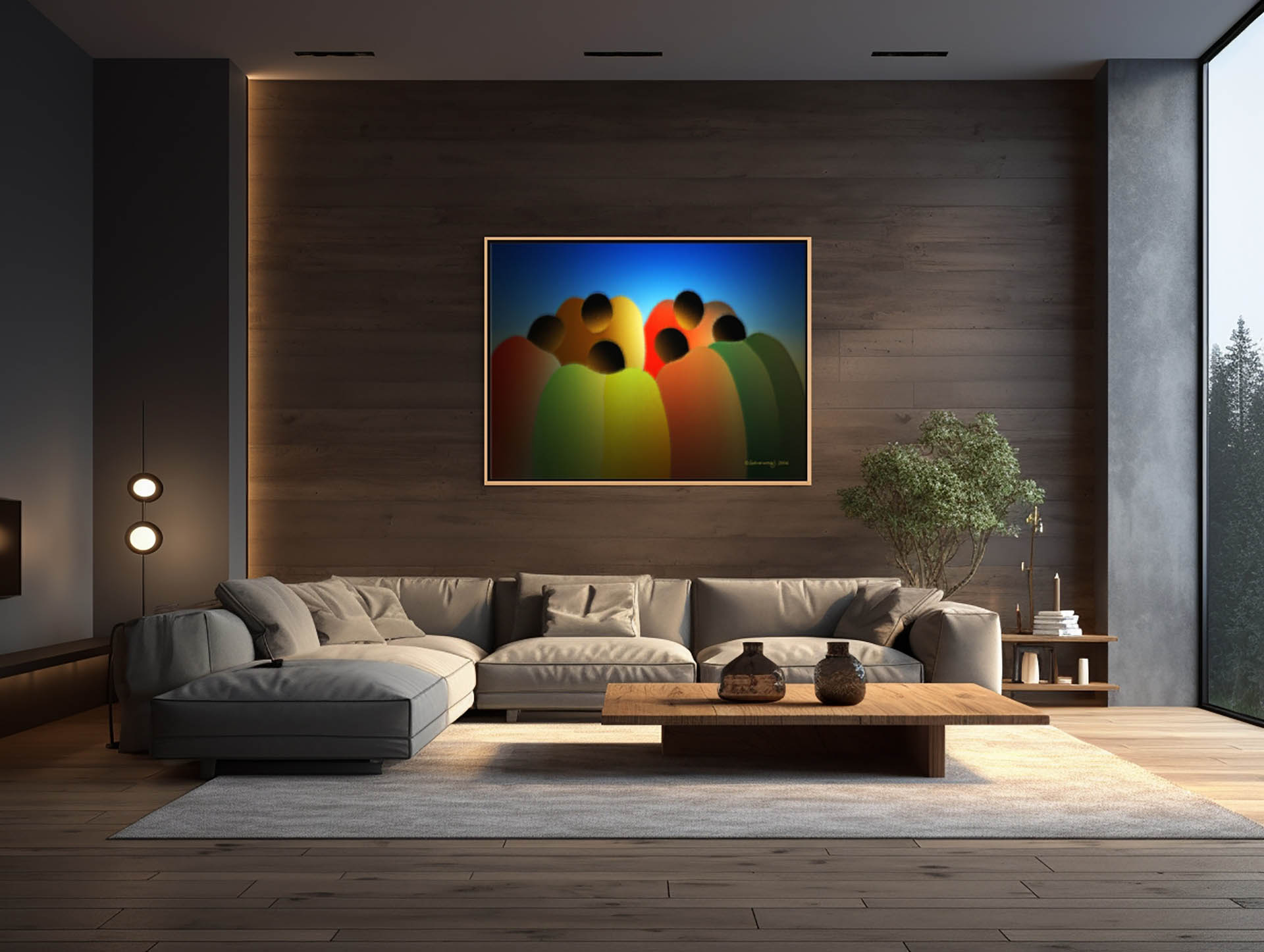 A modern living room showcases a gray sectional sofa, a wooden coffee table, and Circle Of Friends canvas art with a 
Natural Wood Floater Frame. The ready-to-hang print enhance the wooden accent wall and large windows with tree views, alongside a potted plant in the corner.