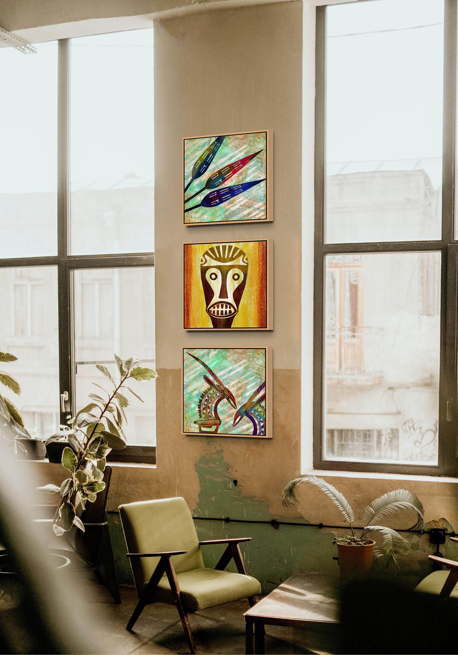 A cozy room with large windows features a green armchair. The beige wall displays Antelopes - Canvas Art, showcasing vibrant colors and bold shapes. Potted plants throughout add a touch of nature.