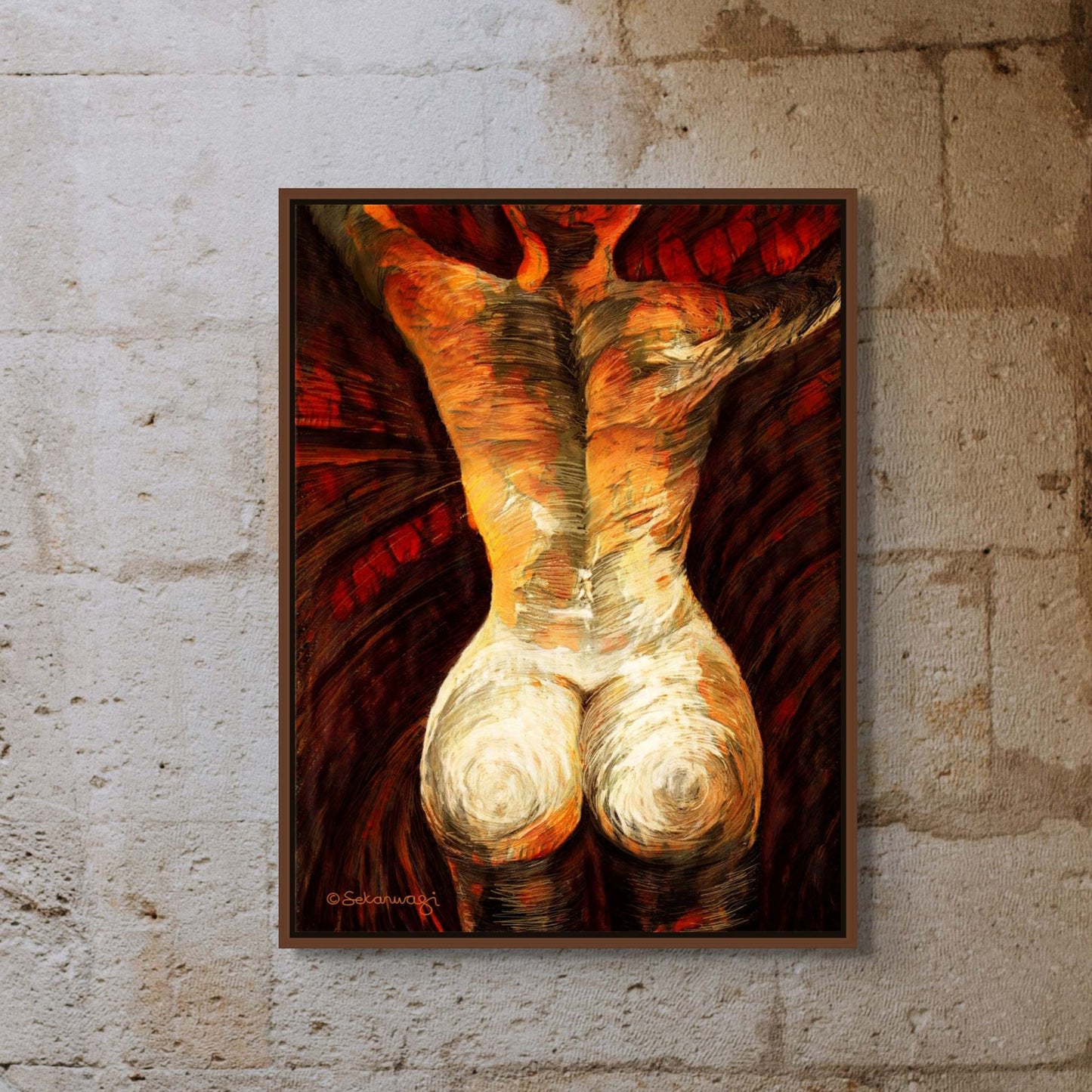 The Come As You Are Canvas Art piece features an abstract human figure in warm reds, oranges, and browns on a textured wall. With dynamic brushstrokes, it embodies modern living art and echoes Abstract African Arts spirit.