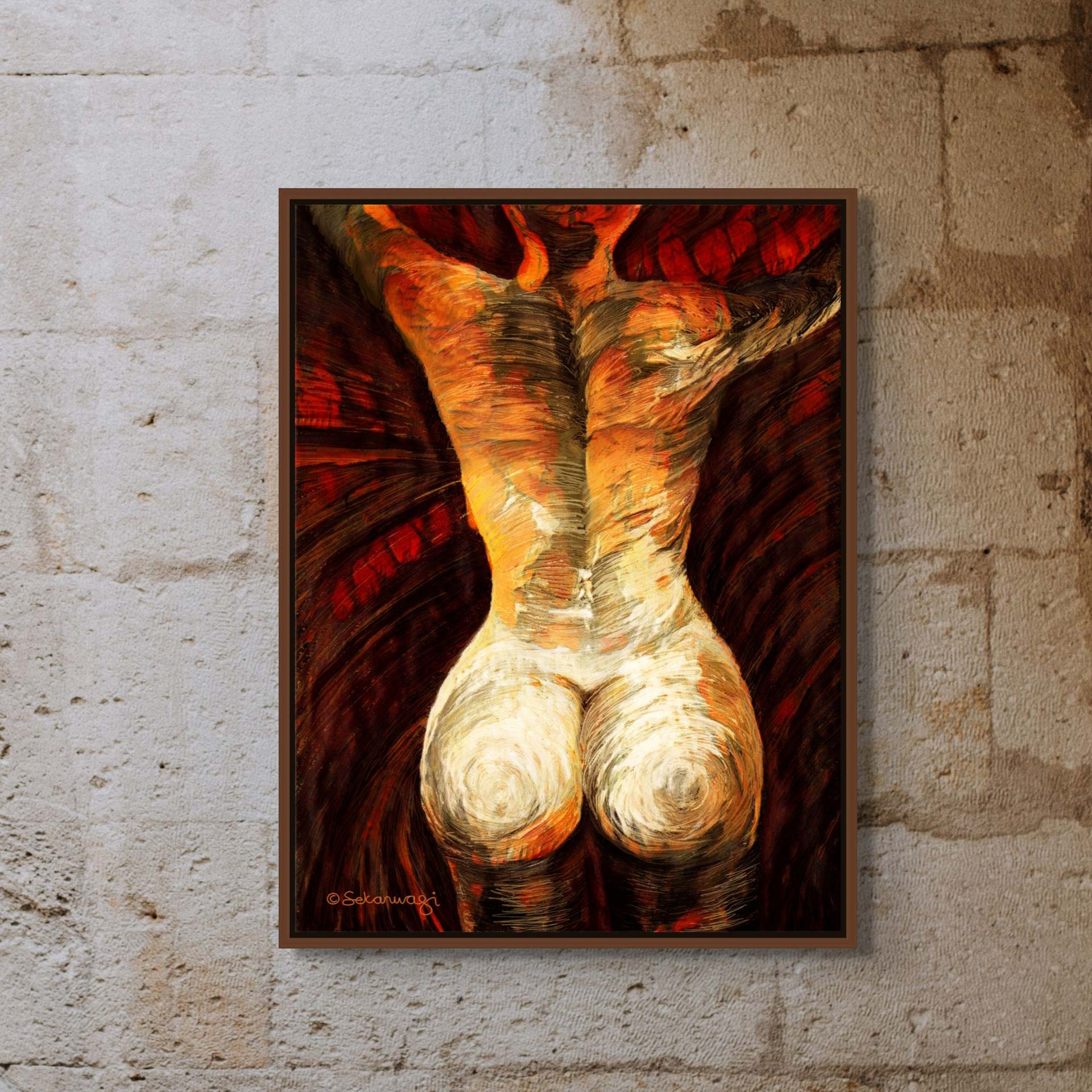 The Come As You Are Canvas Art piece features an abstract human figure in warm reds, oranges, and browns on a textured wall. With dynamic brushstrokes, it embodies modern living art and echoes Abstract African Arts spirit.