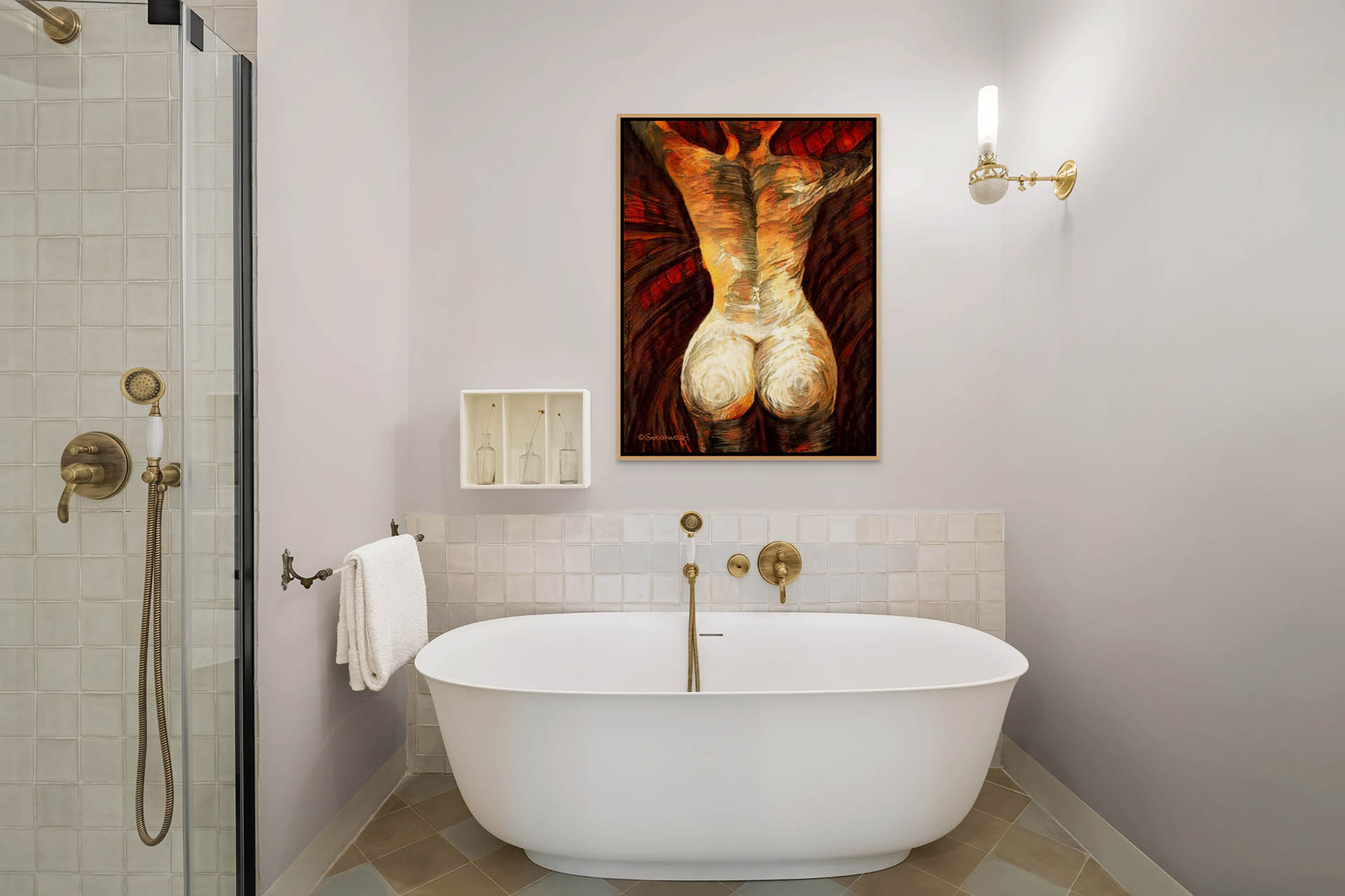 A modern bathroom showcases a white freestanding bathtub with brass fixtures. Above it hangs Come As You Are - Canvas Art, a vibrant painting of a nude torso with abstract elements reminiscent of minimalist styles. The room is completed by a glass shower enclosure and light-colored tiled floor.