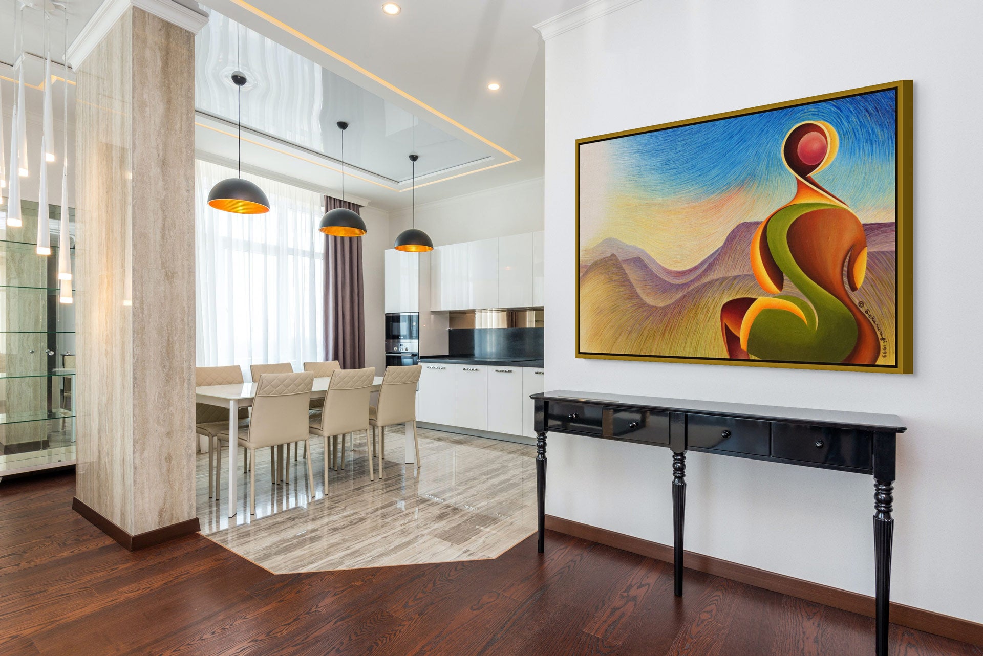 A modern dining area features a wooden and tile floor, a long table with beige chairs beneath pendant lights, and Dawn Of A New Century - Contemporary African Expressionist Canvas Art Print adorning the wall above a black console table. Floor-to-ceiling mirrors enhance the elegance.