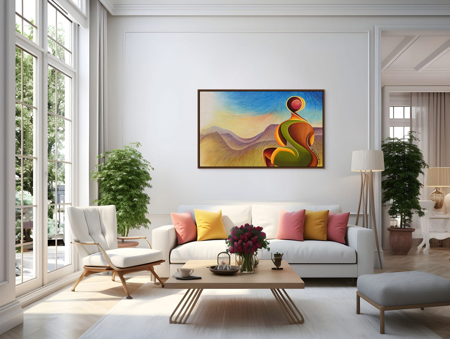 A modern living room has a large window, white walls, and the Dawn Of A New Century African Expressionist canvas art print. It features a white sofa with yellow, pink, and white cushions, a wooden coffee table with fresh flowers, and vibrant potted plants for an enhanced ambiance.
