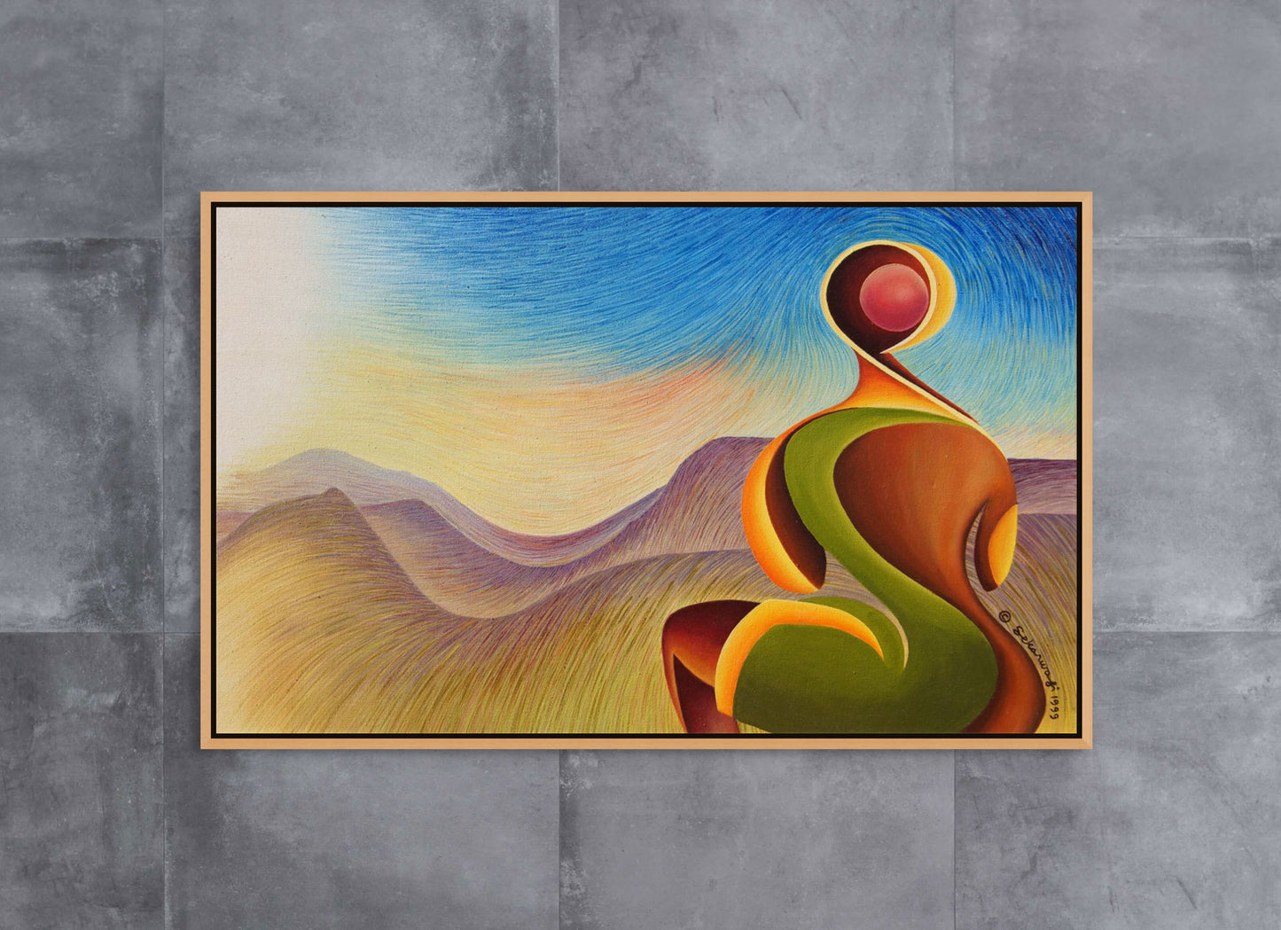Dawn Of A New Century, a contemporary African expressionist canvas art print, showcases a stylized human figure in warm colors against swirling mountains and a blue sky. Ready-to-hang, its printed with eco-solvent inks and elegantly framed on a gray textured wall.