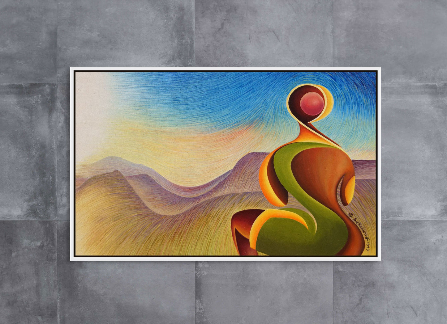 The Dawn Of A New Century canvas art print features an abstract figure with red and green hues against swirling mountains and a vibrant blue sky. Its framed, ready to hang, and showcased on a textured concrete wall.
