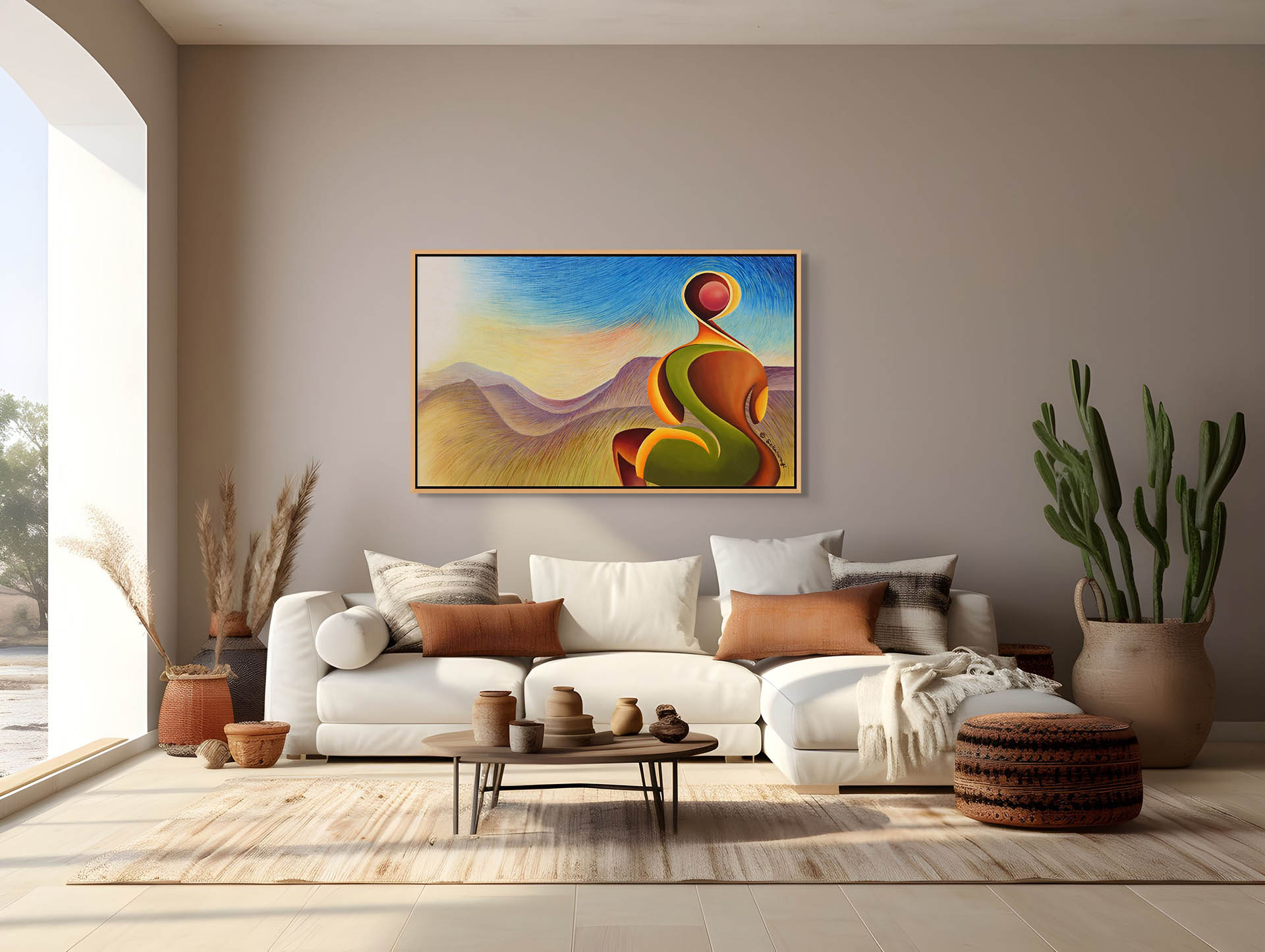 Modern living room with a white sofa and earthy-toned cushions, featuring the Dawn Of A New Century Contemporary African Expressionist Canvas Art Print on the wall. A wooden coffee table, potted cacti, and natural light streaming in from a window complete the decor.
