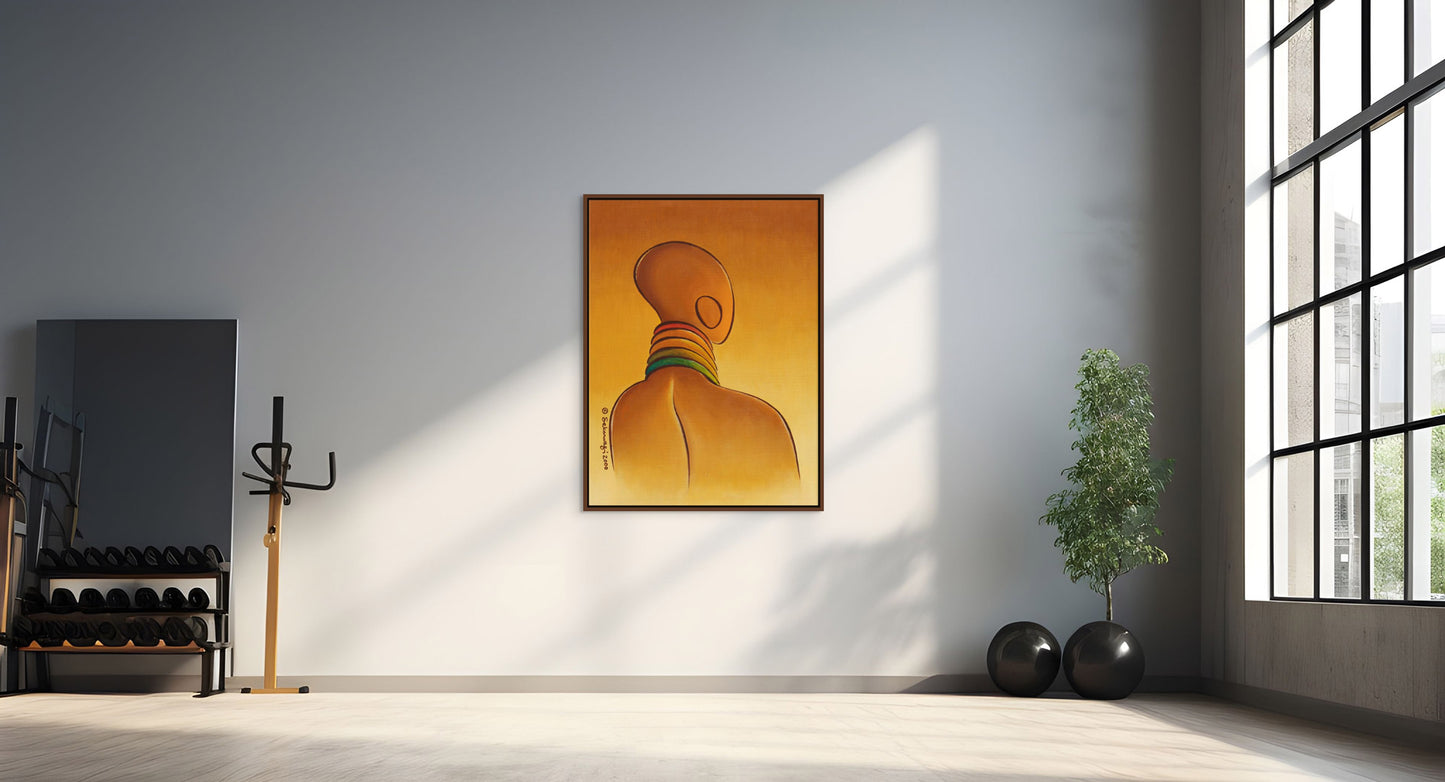 Sunlight floods a minimalist room through a large window, illuminating the Elegance - Contemporary African Minimalist Canvas Art Print on premium cotton canvas with earthy tones. Ready to hang on the white wall, its flanked by exercise equipment and a small potted tree.