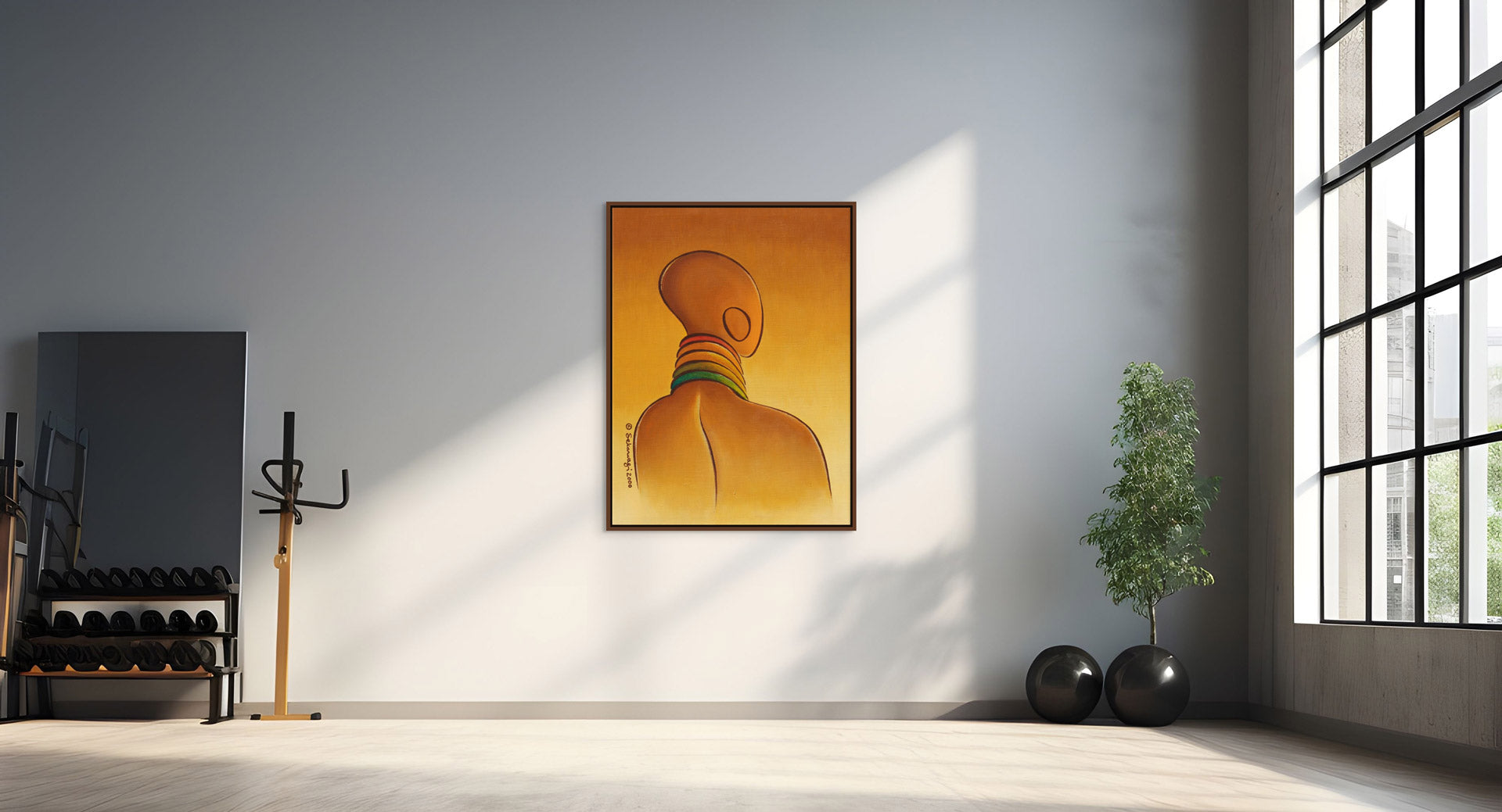 Sunlight floods a minimalist room through a large window, illuminating the Elegance - Contemporary African Minimalist Canvas Art Print on premium cotton canvas with earthy tones. Ready to hang on the white wall, its flanked by exercise equipment and a small potted tree.