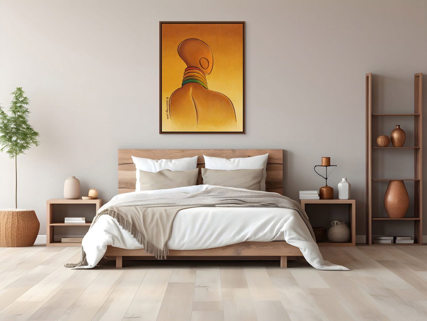 A modern bedroom showcases a wooden bed with white and beige linens in minimalist style. The Elegance - Contemporary African Minimalist Canvas Art Print, with vibrant orange hues on premium cotton canvas, hangs above the bed. Shelves adorned with vases and a green plant complete the decor.