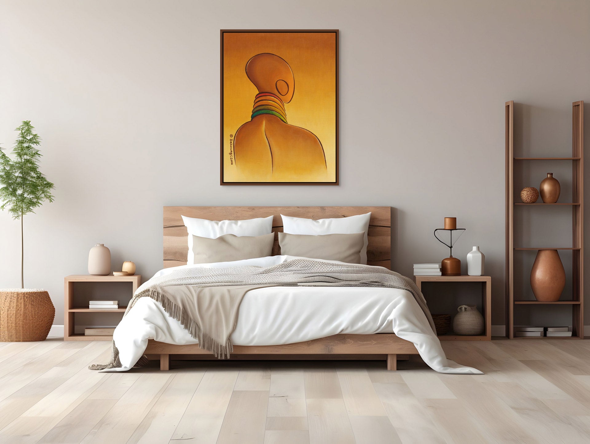 A modern bedroom showcases a wooden bed with white and beige linens in minimalist style. The Elegance - Contemporary African Minimalist Canvas Art Print, with vibrant orange hues on premium cotton canvas, hangs above the bed. Shelves adorned with vases and a green plant complete the decor.