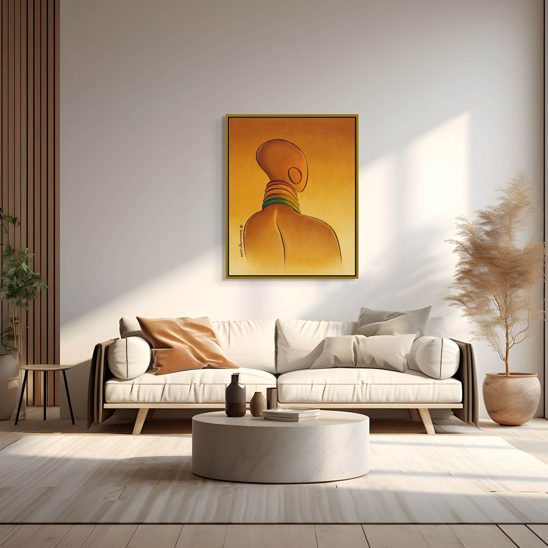 A modern living room showcases a white sofa with brown cushions under the Elegance - Contemporary African Minimalist Canvas Art Print. A round marble table sits in front, and tall grasses in a pot on the right complete the inviting space with ready-to-hang style.