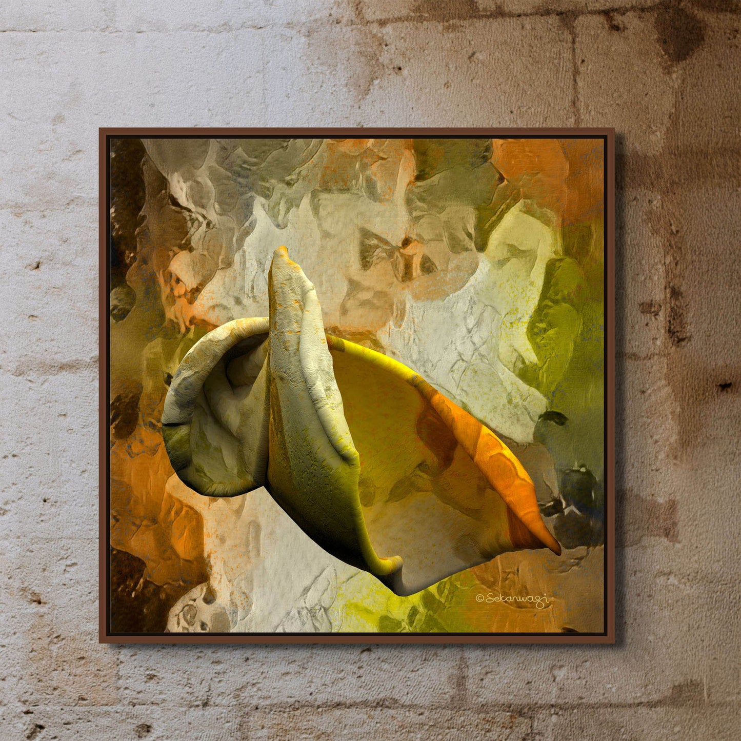 The framed Emerging Thought - Canvas Art graces a textured wall, featuring swirling green, yellow, and orange shades crafted into smooth, petal-like shapes. Its blurred, muted background lends an impressionistic style to this captivating piece.