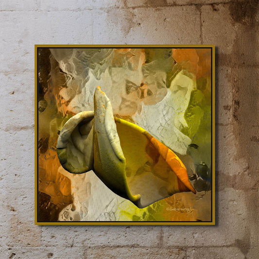 The Emerging Thought canvas art, framed and hanging on a textured wall, showcases swirling shapes in earthy tones, with a prominent folded fan-like design in yellow and green against a backdrop of blended browns, greens, and whites.
