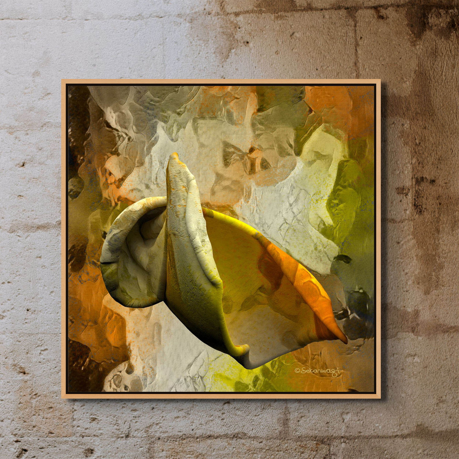 The Emerging Thought canvas art showcases an abstract design with earthy swirls and a folded shape in yellow, green, and orange. It features a textured background of similar hues, all elegantly framed and mounted on a rustic stone wall.