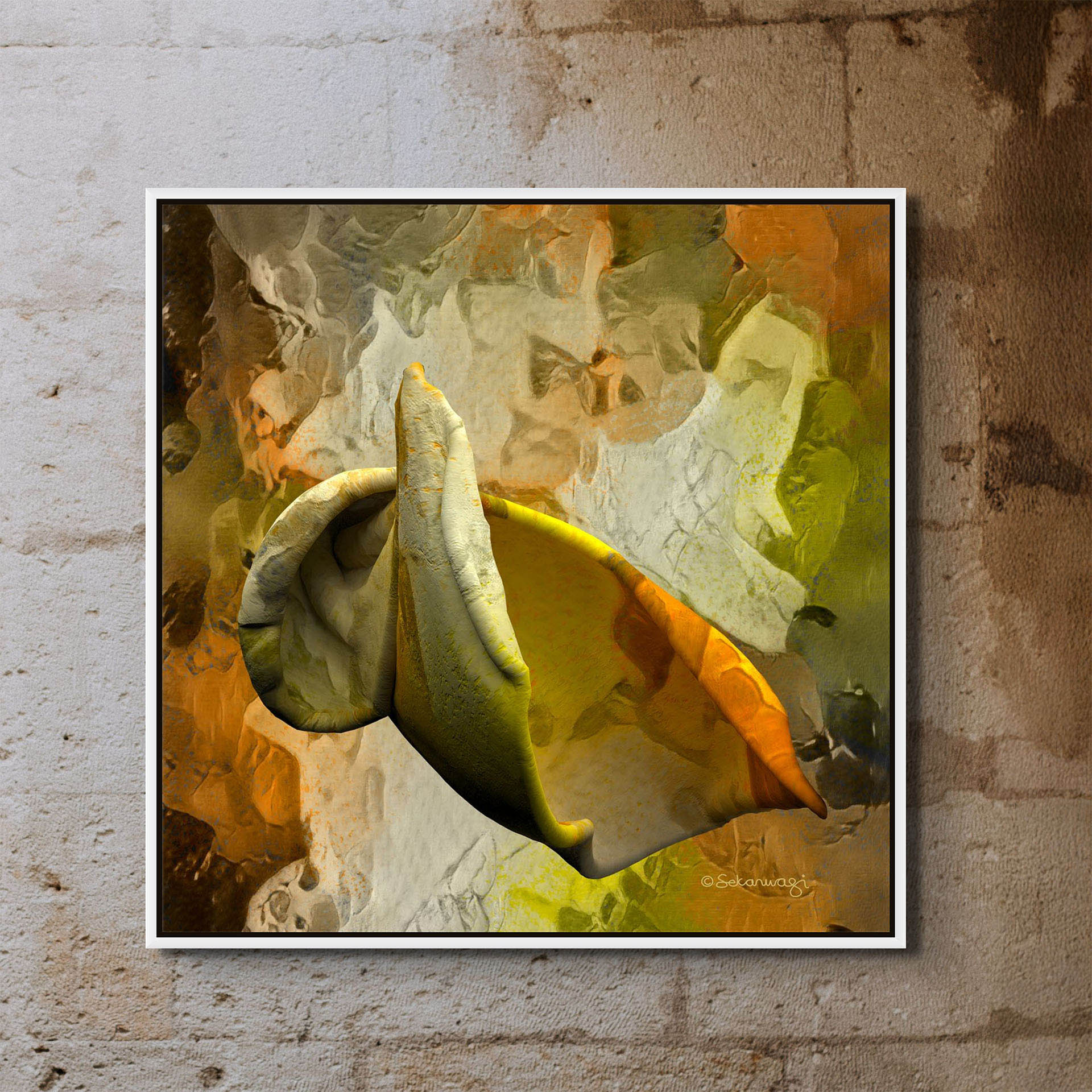 The Emerging Thought canvas art, displayed on a textured wall, showcases an abstract swirl of earthy tones with accents of green, gold, and brown. Its central shapes form a dynamic flow reminiscent of natural elements.