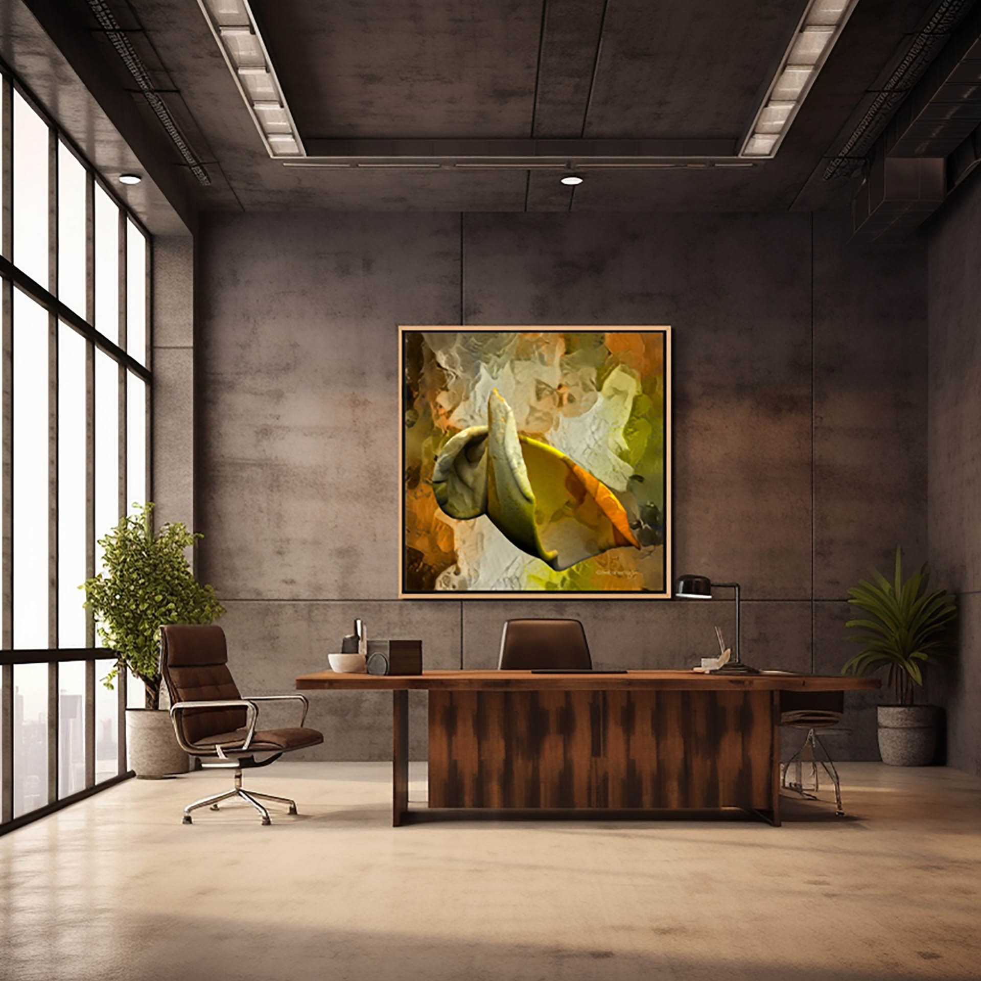 A modern office features a large wooden desk and a brown leather chair. Emerging Thought canvas art adorns the concrete wall, while large windows to the left and plants add a touch of greenery, creating a contemporary and elegant atmosphere.