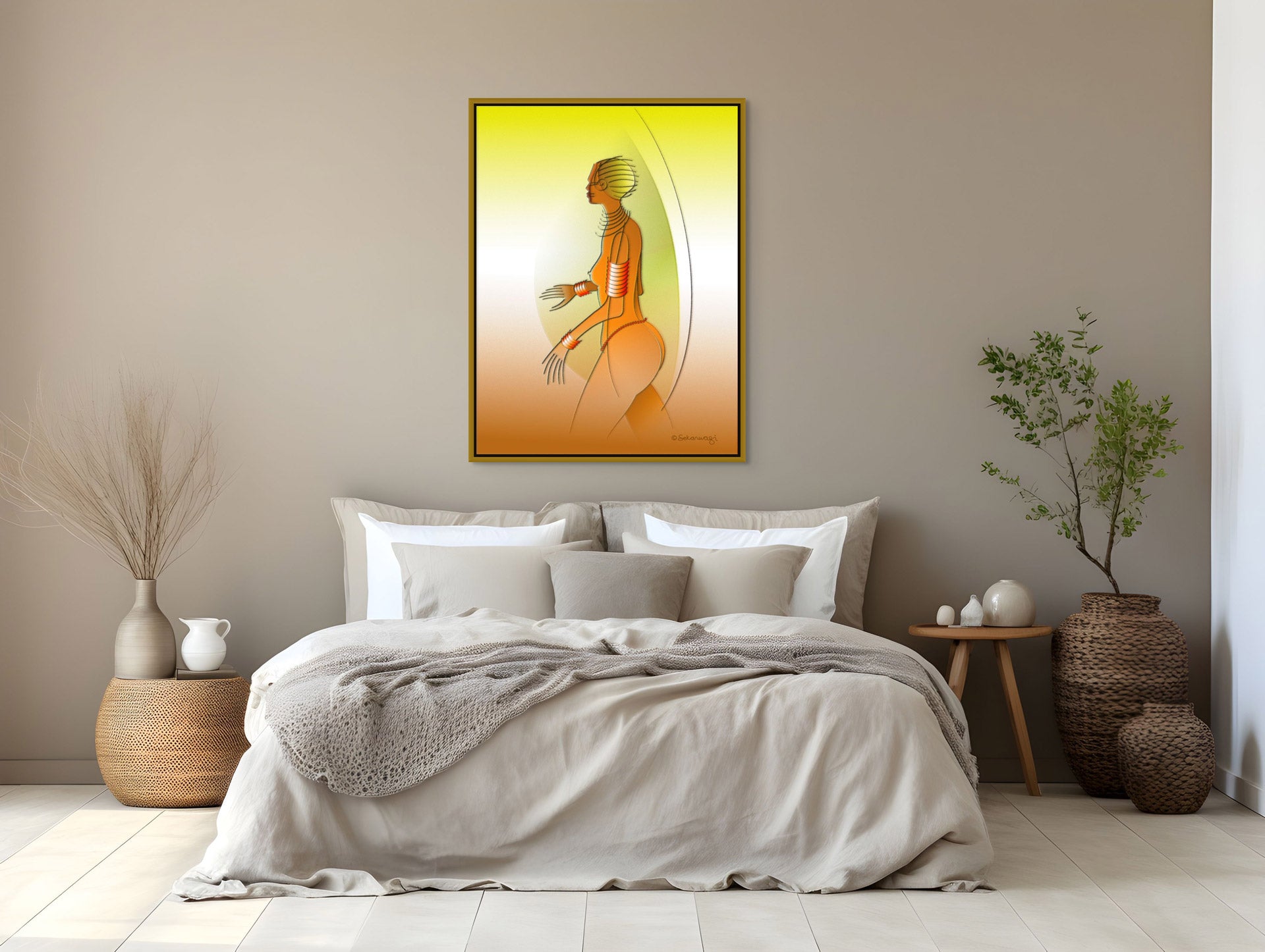A minimalist bedroom showcases a bed with beige linens against a neutral wall, highlighted by the Fantasy Woman - Contemporary African Expressionist Canvas Art Print on premium cotton canvas. A small table with a plant and decorative baskets completes the look.